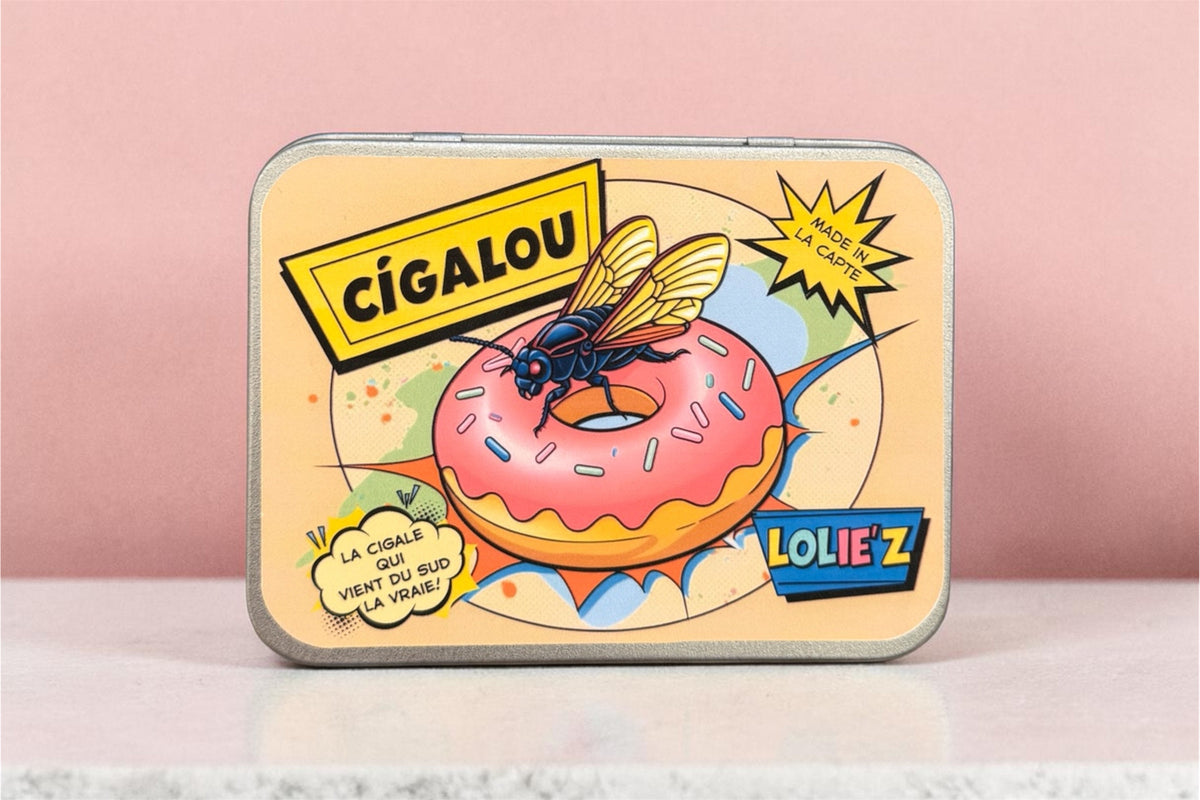 Boîte en métal Cigalou aux couleurs vives avec illustration de cigale, packaging original pour magnet cigale en résine époxy