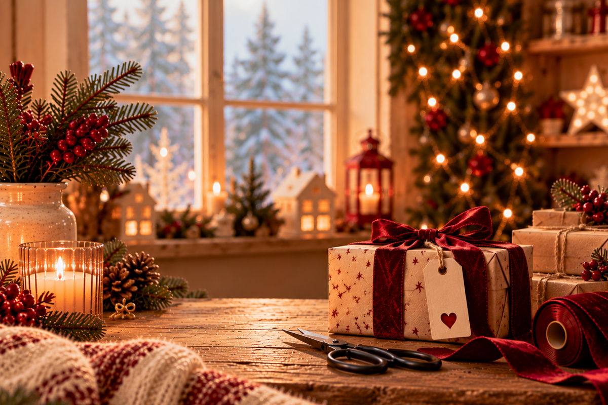 Cadeaux de Noël emballés avec des rubans bordeaux sur une table en bois, près d’une bougie et d’un sapin illuminé.