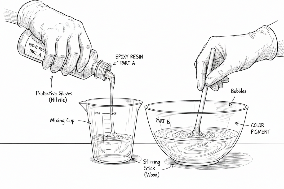 Illustration de résine époxy liquide et durcisseur montrant le processus de création d’objets déco et porte-clés en résine.