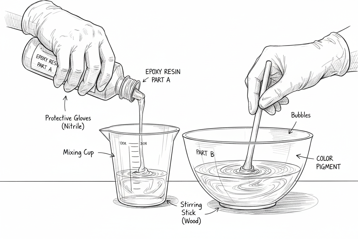 Illustration de résine époxy liquide et durcisseur montrant le processus de création d’objets déco et porte-clés en résine.