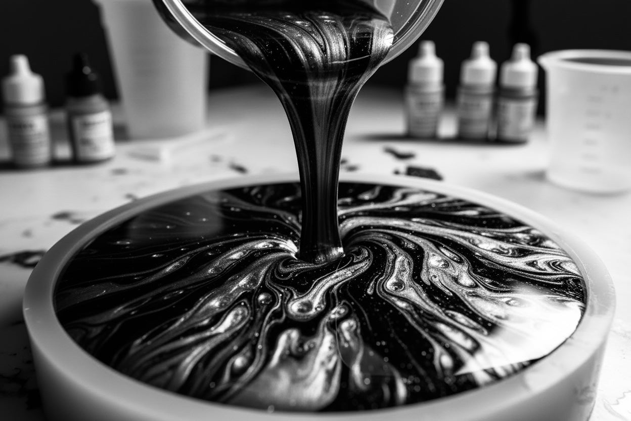 Création en résine époxy illustrant le travail artisanal avec mélange, essais, finition et rendu brillant d’un objet fait main unique.