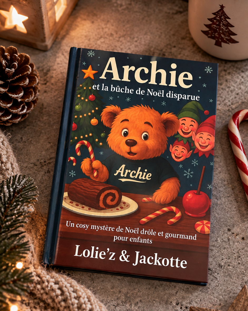 Livre jeunesse Archie et la bûche de Noël disparue présenté dans une ambiance de Noël chaleureuse avec sapin, sucres d’orge et décoration lumineuse.