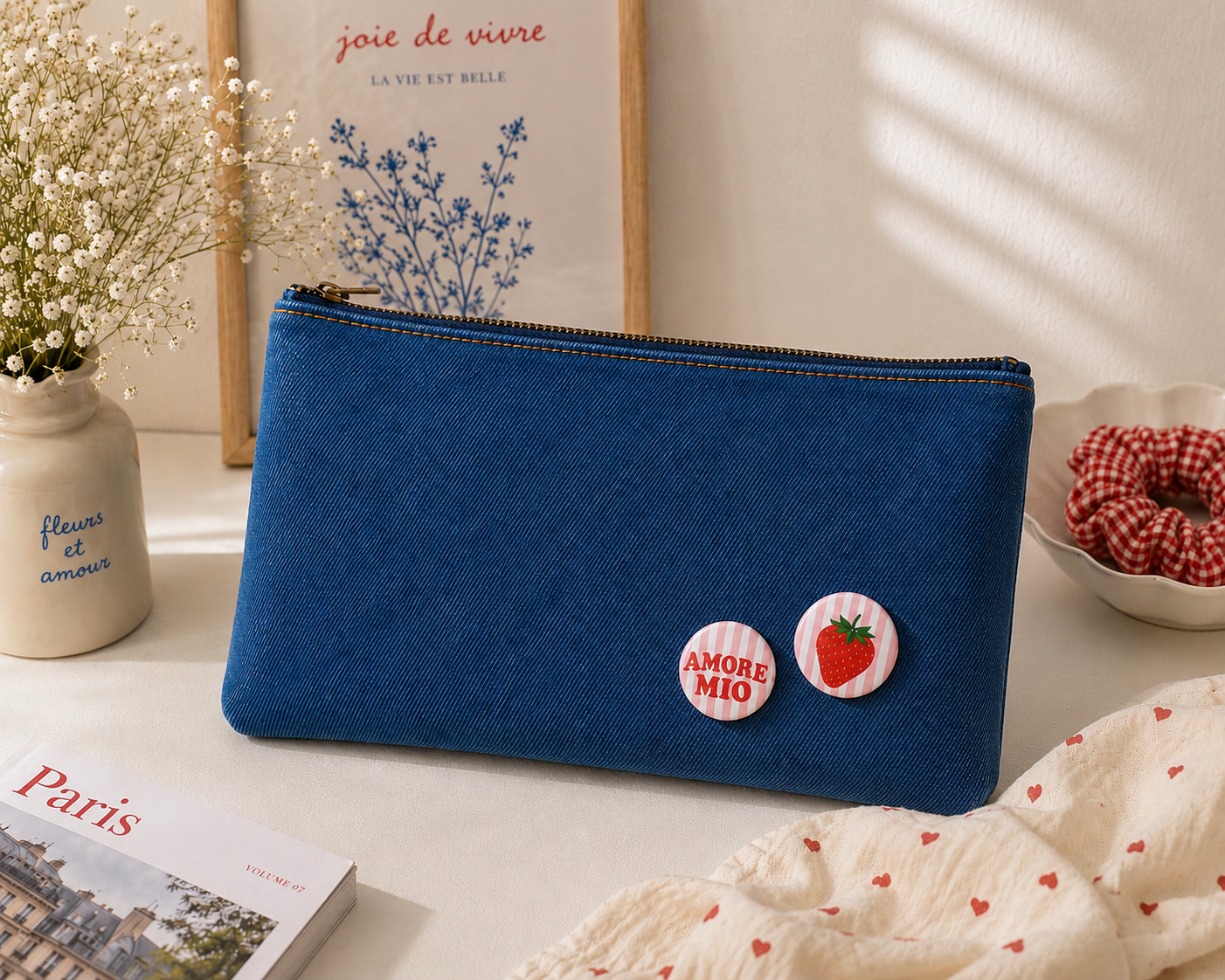 Pochette bleue personnalisée avec deux badges fantaisie Amore Mio et Fraise à rayures rose et blanc, mise en scène dans une ambiance douce et rétro.
