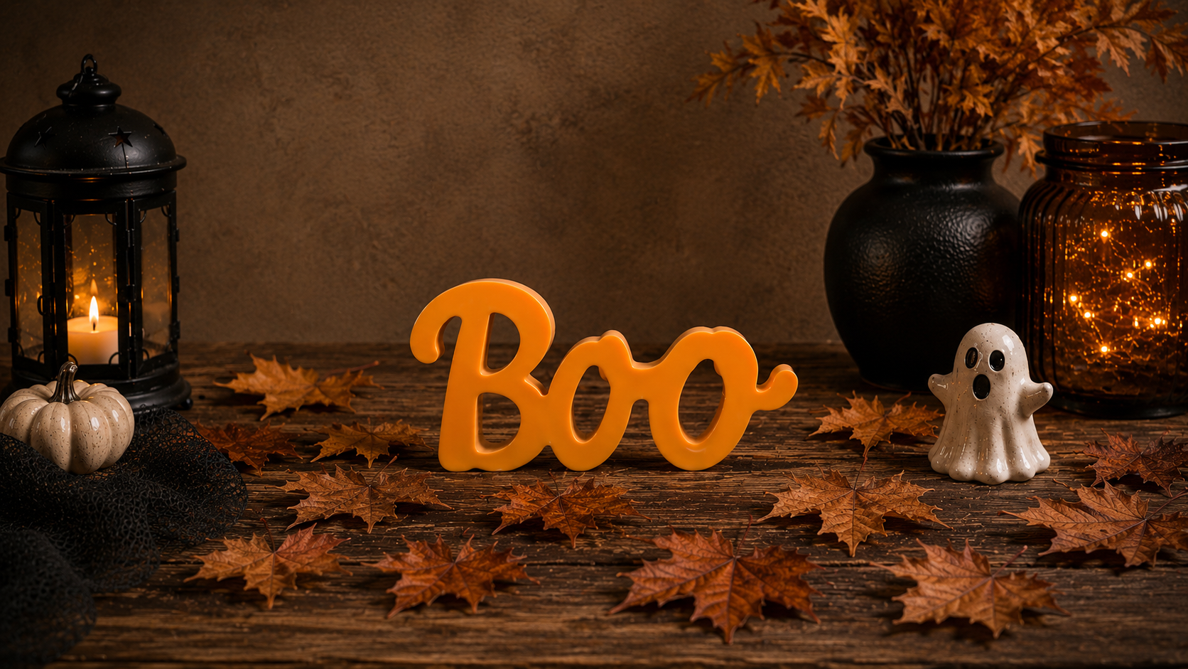 Décoration BOO en résine époxy orange Lolie’z, mise en scène dans une ambiance Halloween et automnale avec feuilles mortes, citrouille noire, fantôme et lanternes. Création artisanale originale pour décoration de maison.