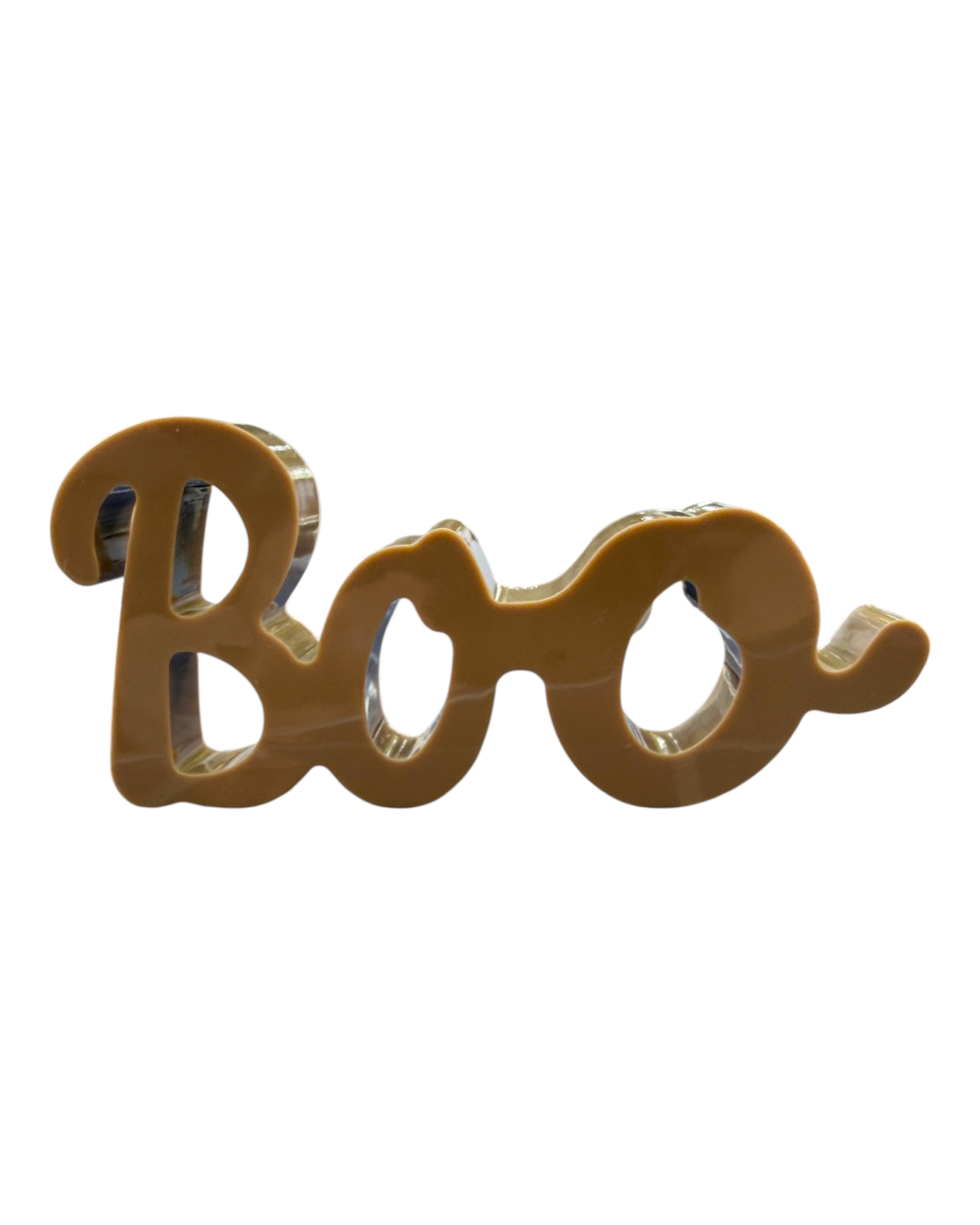 Décoration BOO marron en résine époxy brillante à poser pour une décoration Halloween et automnale.
