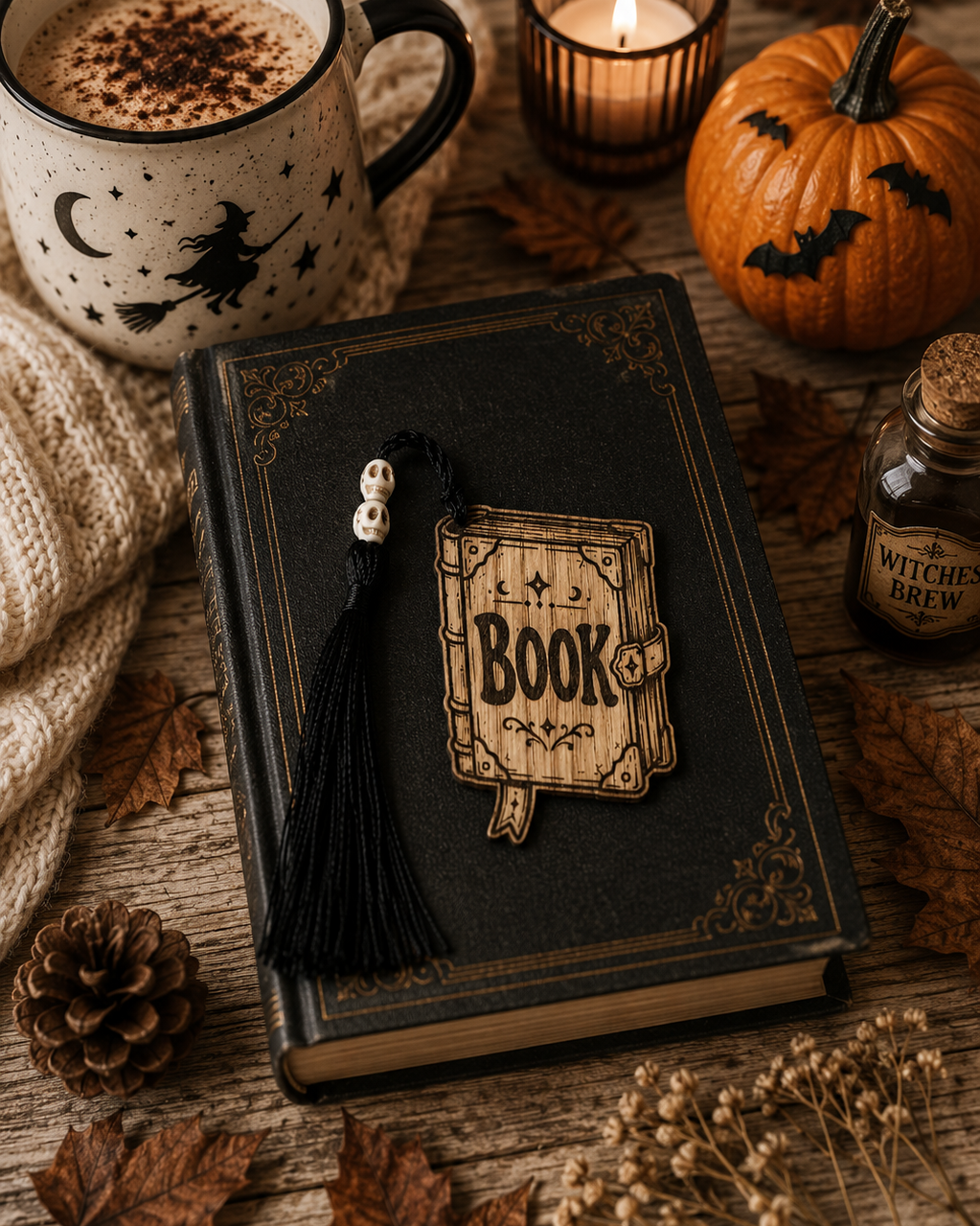 BOOK OF SPELLS, marque-page en bois en forme de vieux grimoire gravé, avec pompon noir et perles tête de mort pour les amateurs de fantasy.