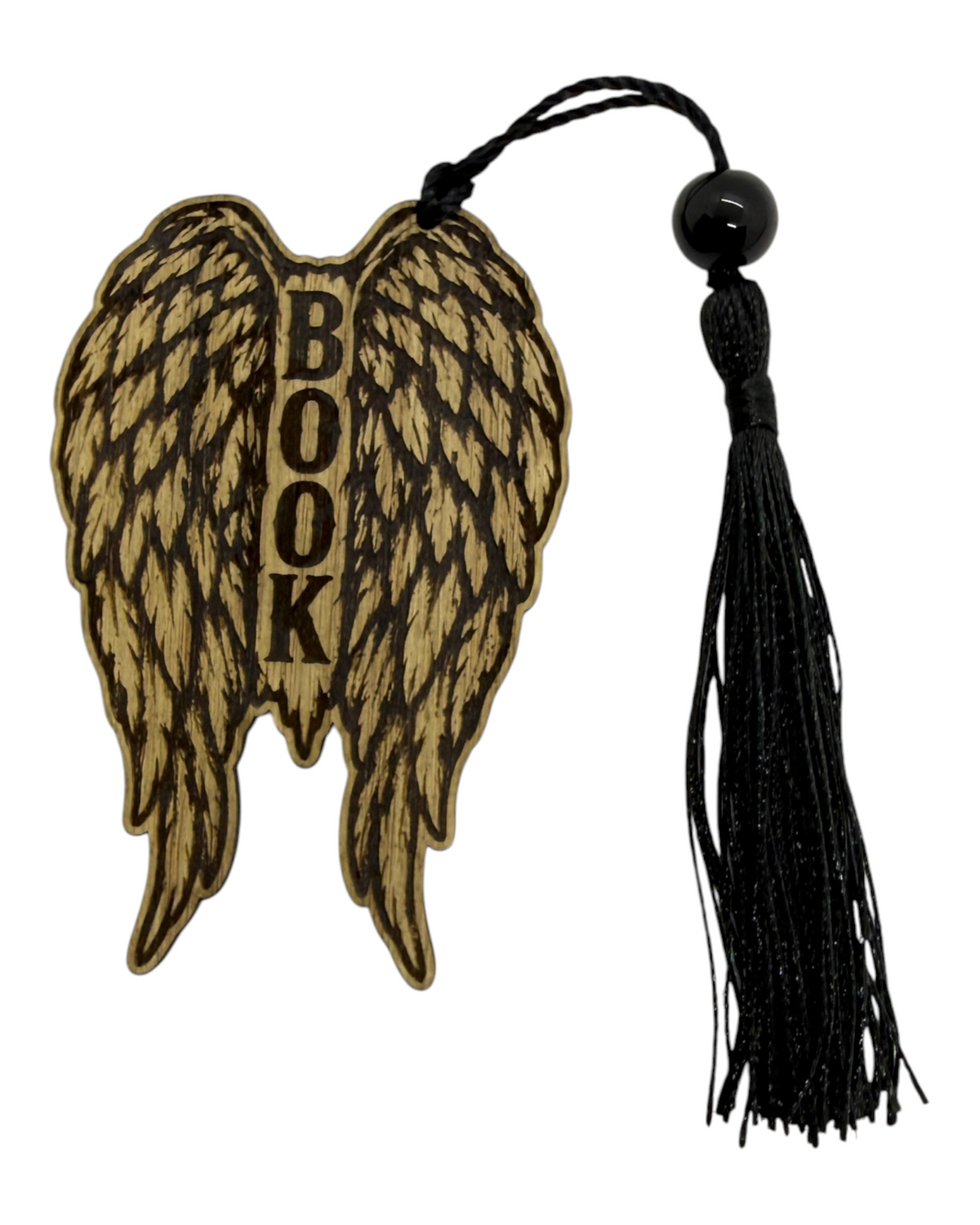 Broken Wings marque-page en bois découpé et gravé au laser avec ailes, cordon, perle et pompon noirs par Lolie’z