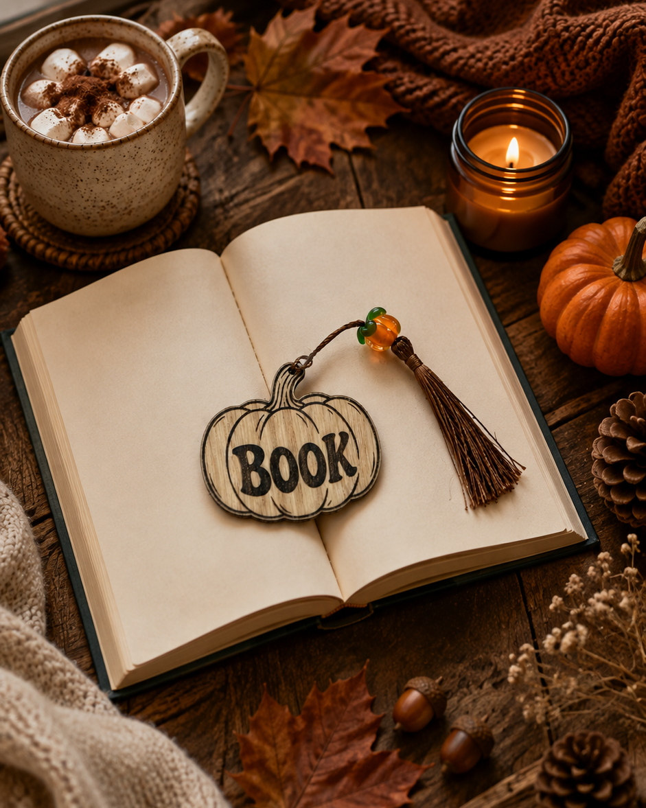 Bookmark Pumpkin en bois gravé en forme de citrouille, avec cordon et perles, imaginé pour accompagner les lectures d’automne.