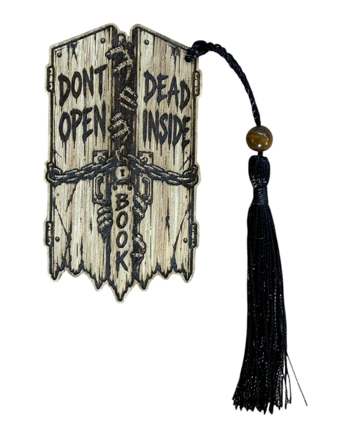 Don’t Open marque-page en bois découpé et gravé au laser avec portes, chaînes, cadenas, cordon, perle et pompon noir par Lolie’z