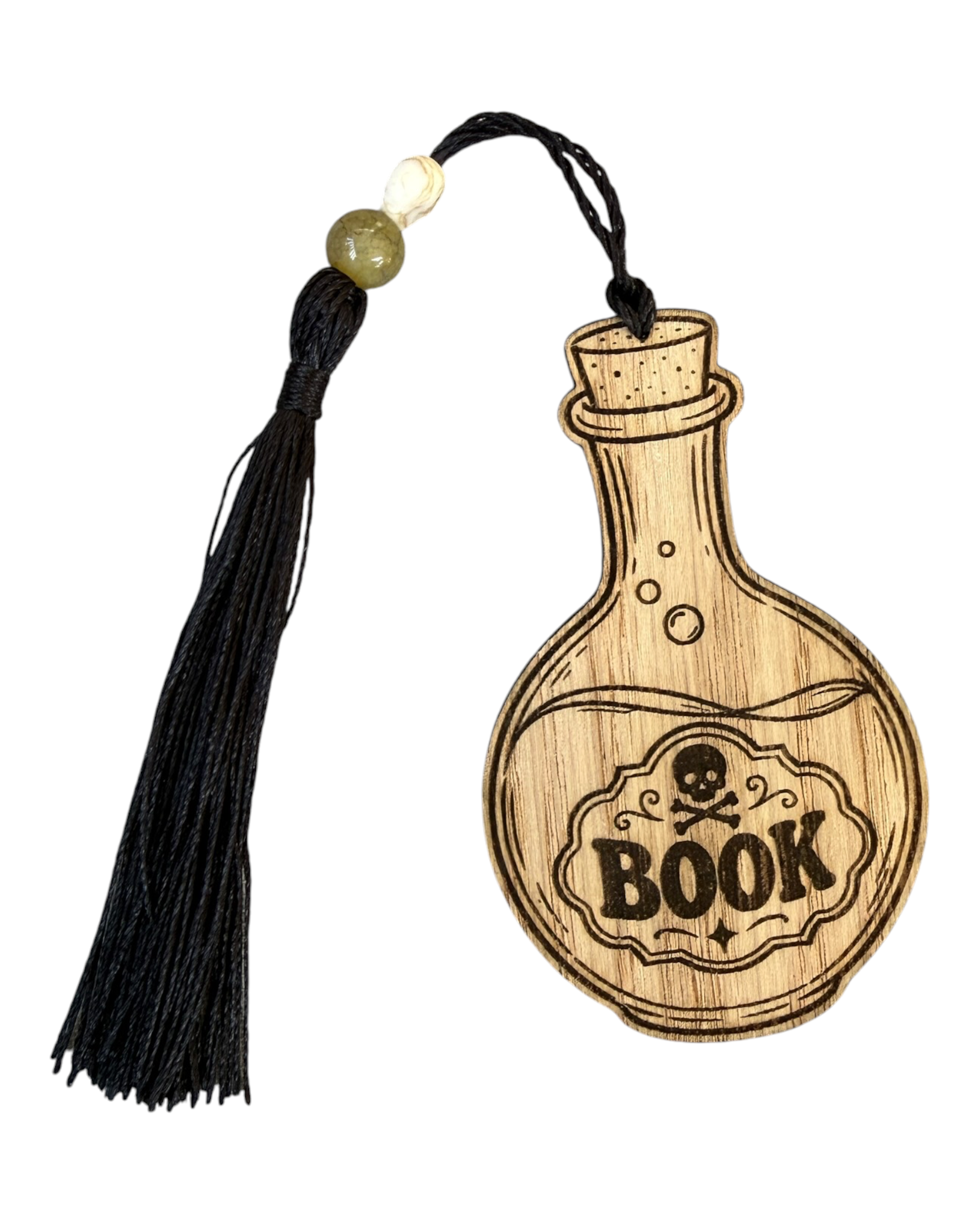Marque-page READING POTION en contreplaqué chêne découpé et gravé en forme de potion, accessoire de lecture fait main avec pompon noir.