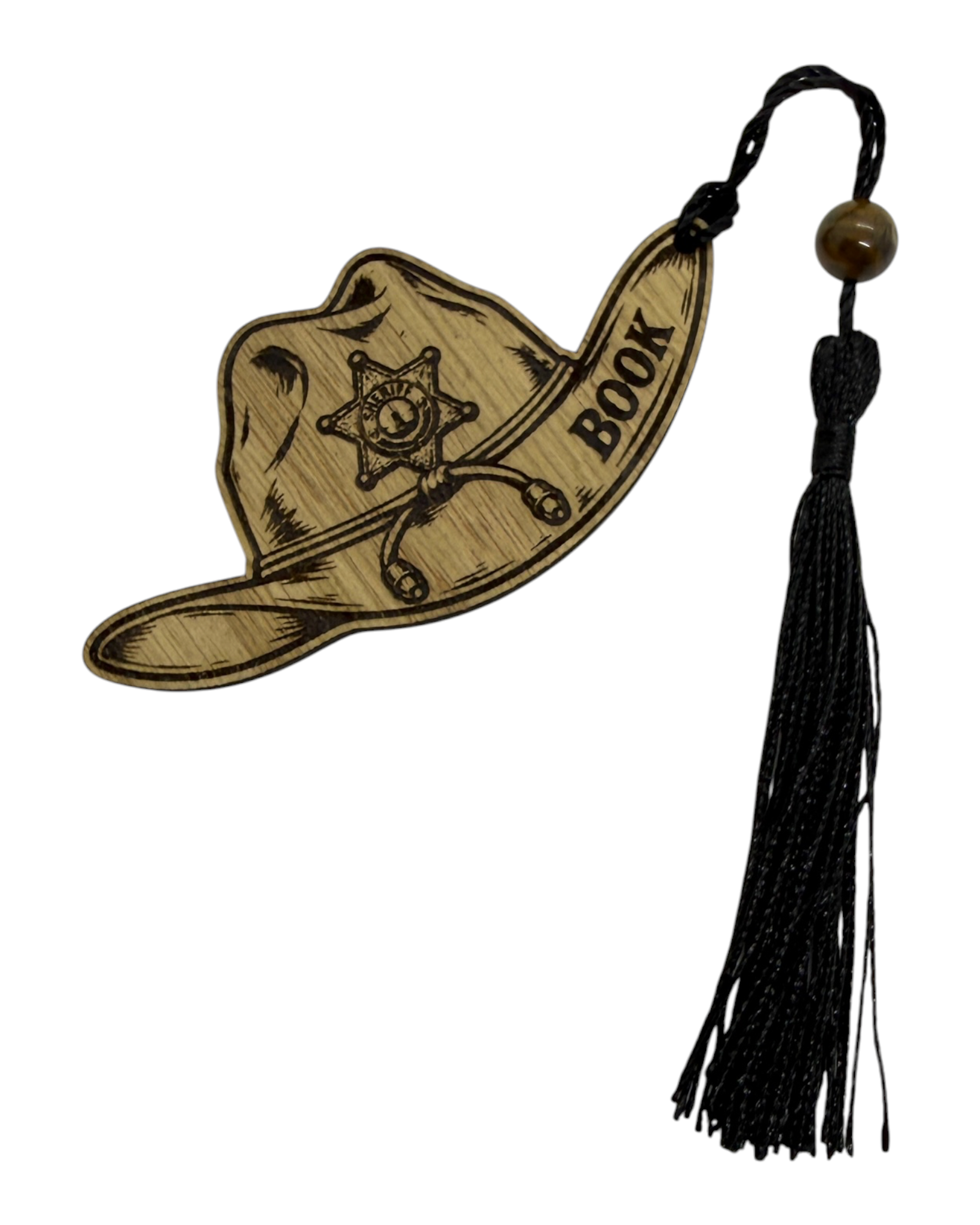 Sheriff Book marque-page en bois découpé et gravé au laser avec étoile de shérif, perle et pompon noir par Lolie’z