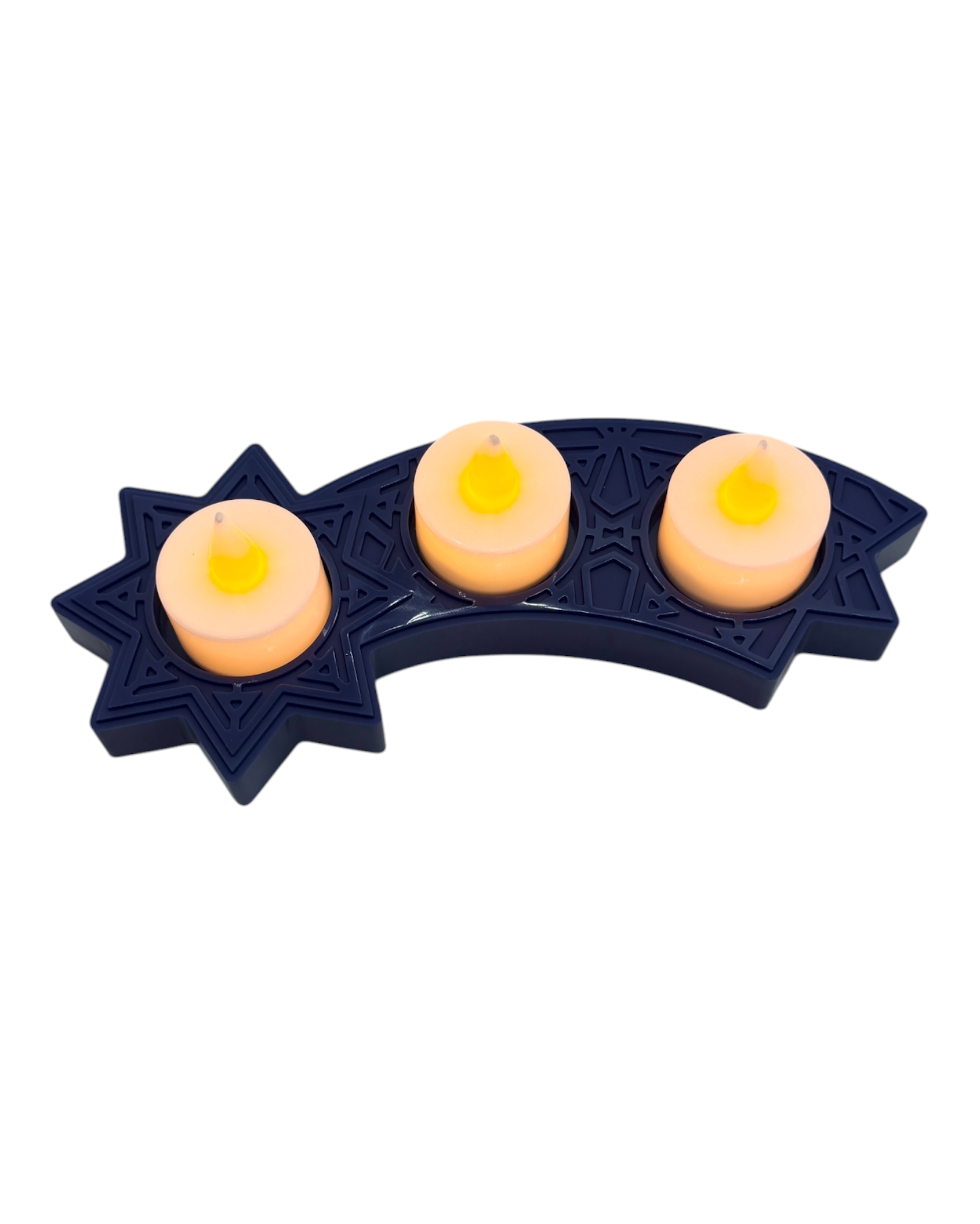Bougeoir Starlight bleu avec trois emplacements étoilés et trois bougies LED incluses, création en résine époxy Lolie’z.