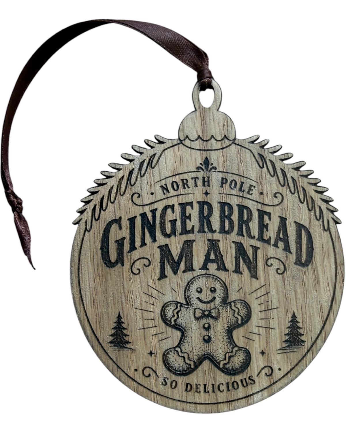 Boule de Noël Gingerbread Man en bois découpé et gravé au laser avec motif bonhomme en pain d’épices