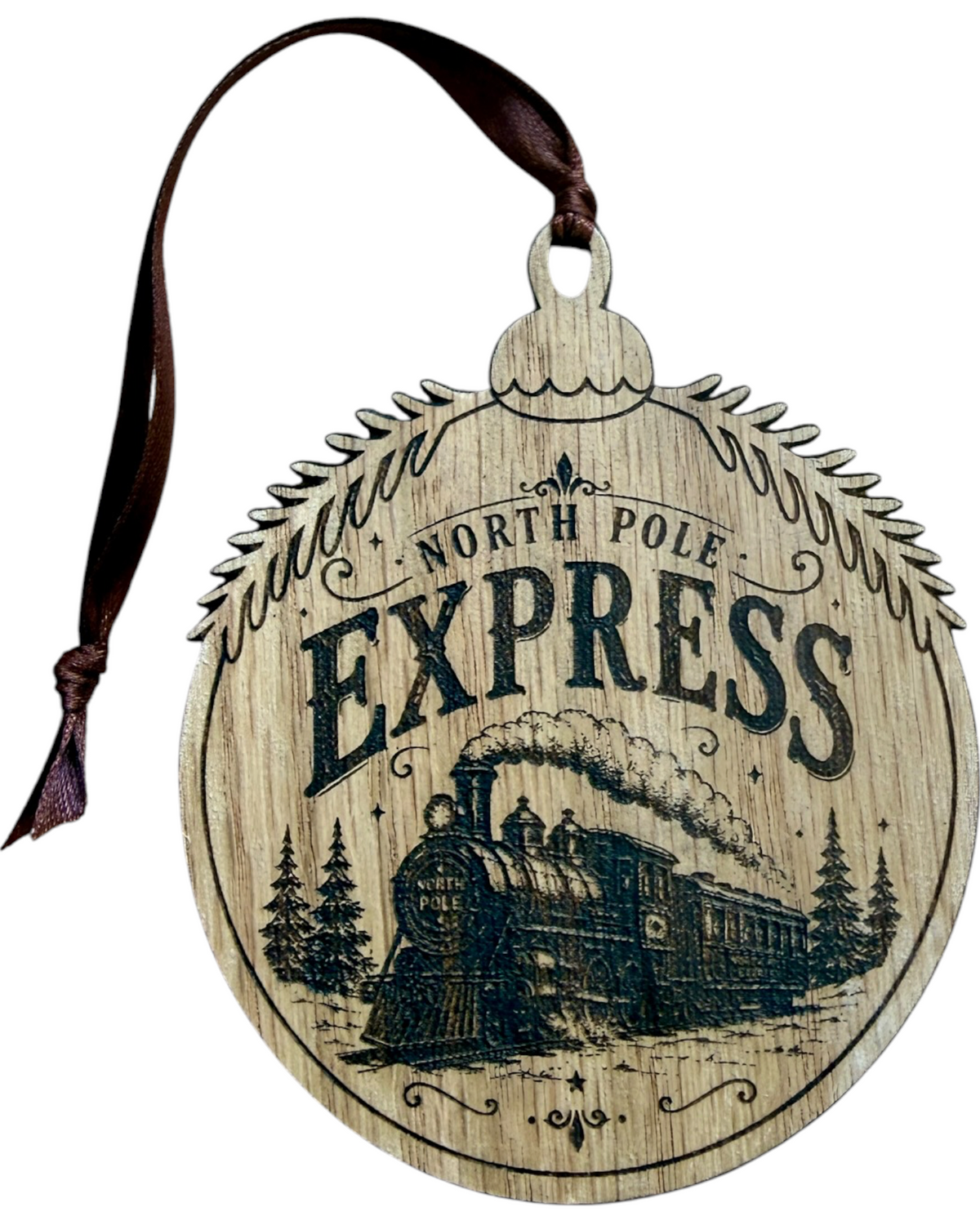 Boule de Noël North Pole Express en bois découpé et gravé au laser avec locomotive du pôle Nord.