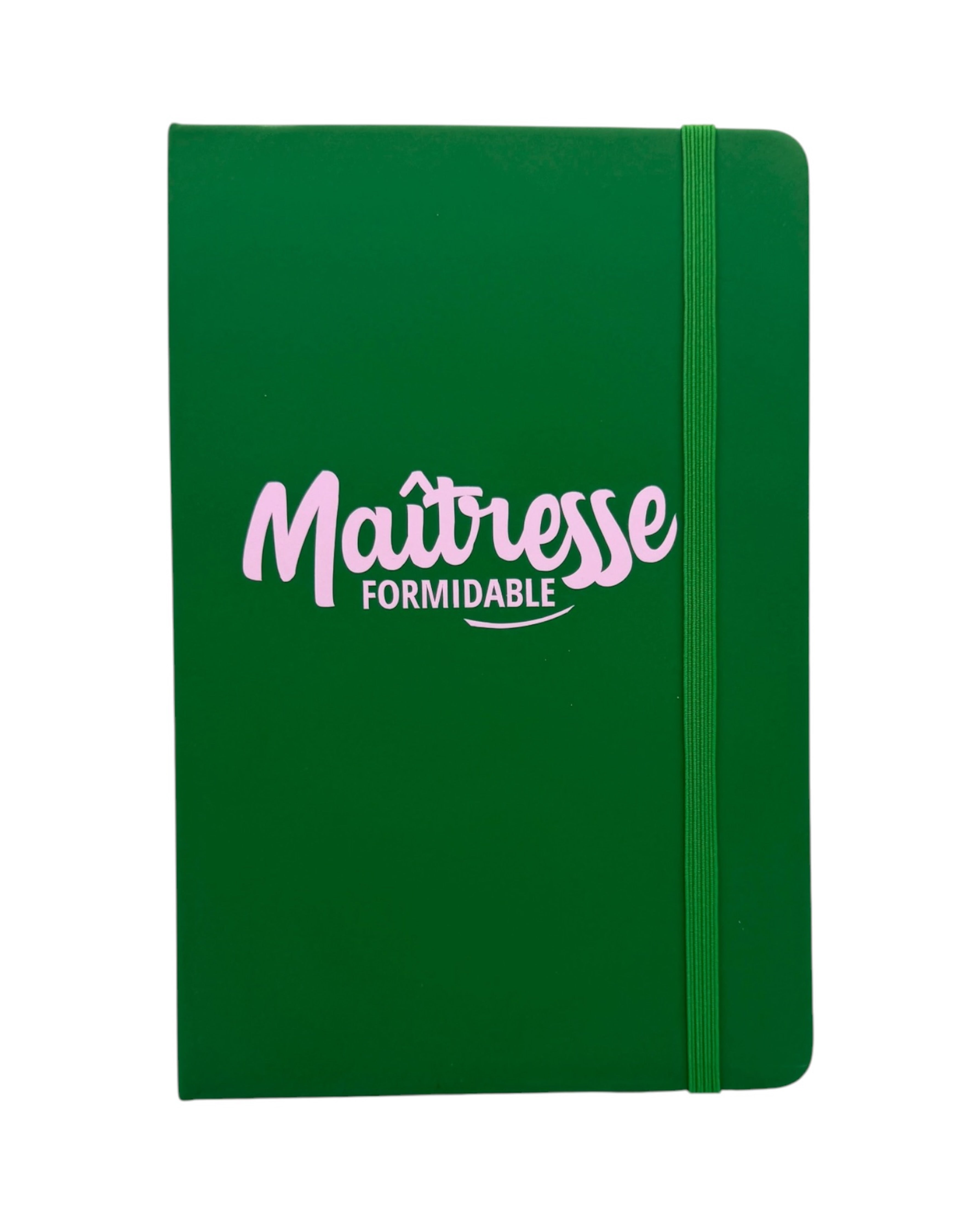 Notebook vert 96 pages avec inscription rose “Maîtresse Formidable” sur la couverture.