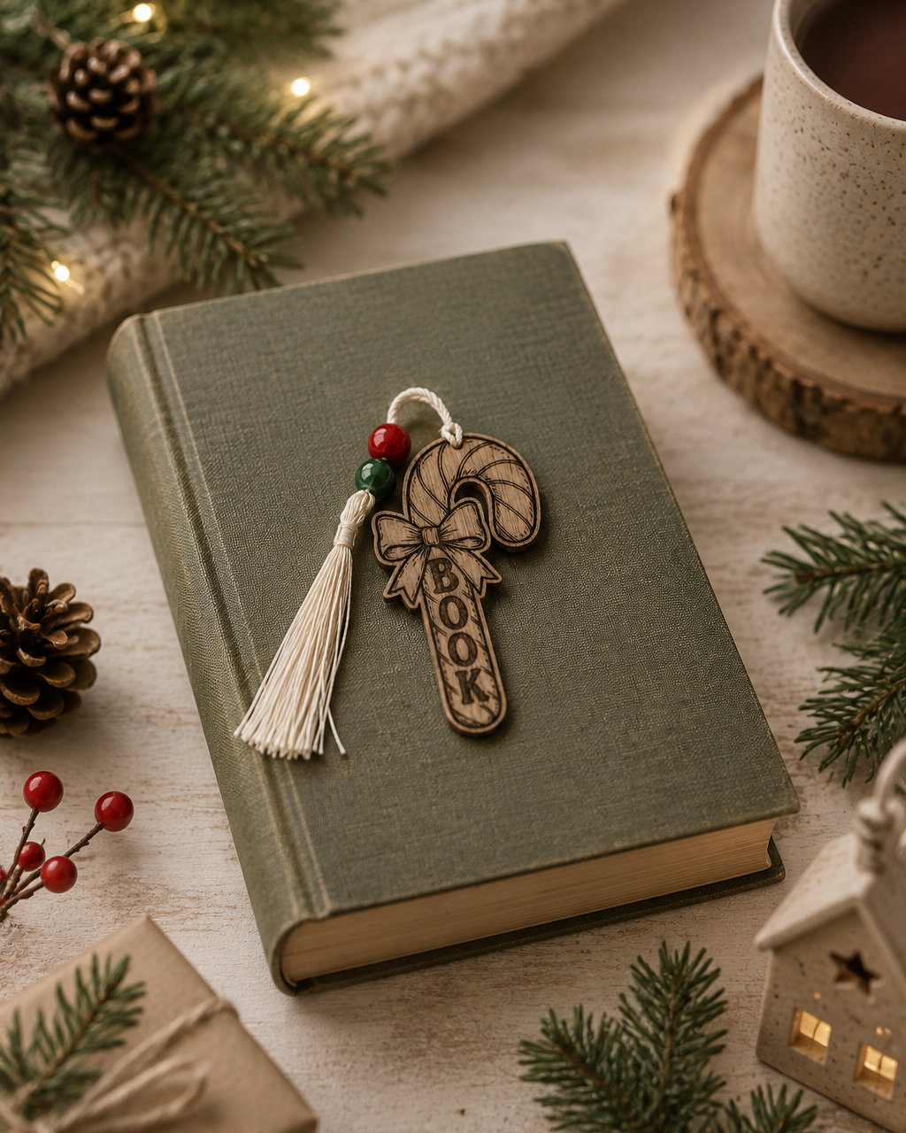 CANDY CANE, marque-page sucre d’orge de Noël en bois gravé avec inscription BOOK, posé sur un livre dans une ambiance chaleureuse de Noël.