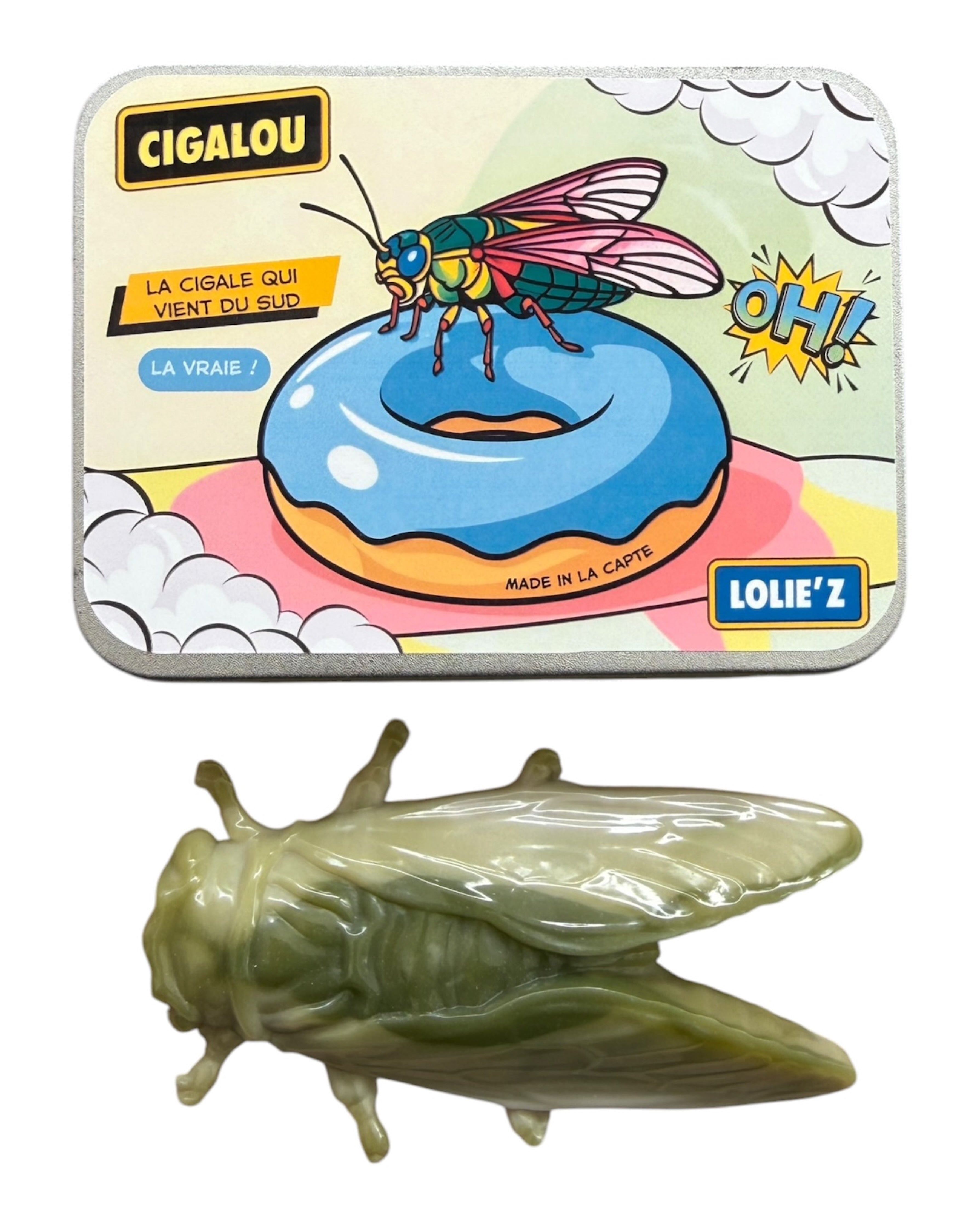 Magnet cigale verte glossy en résine époxy posé dans une ambiance méditerranéenne moderne et lumineuse.