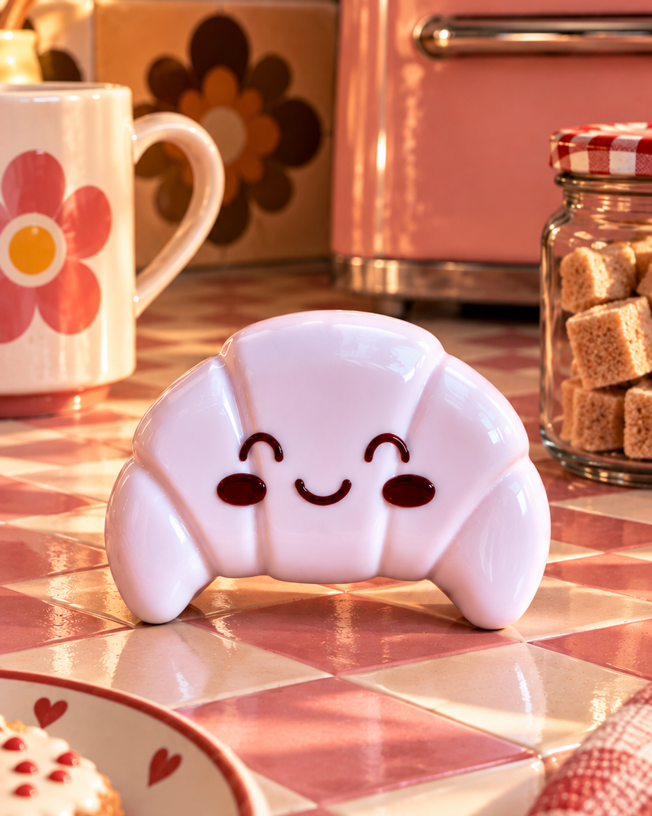 Cutie croissant caramel brillant en résine époxy fait main dans l’atelier Lolie’z.