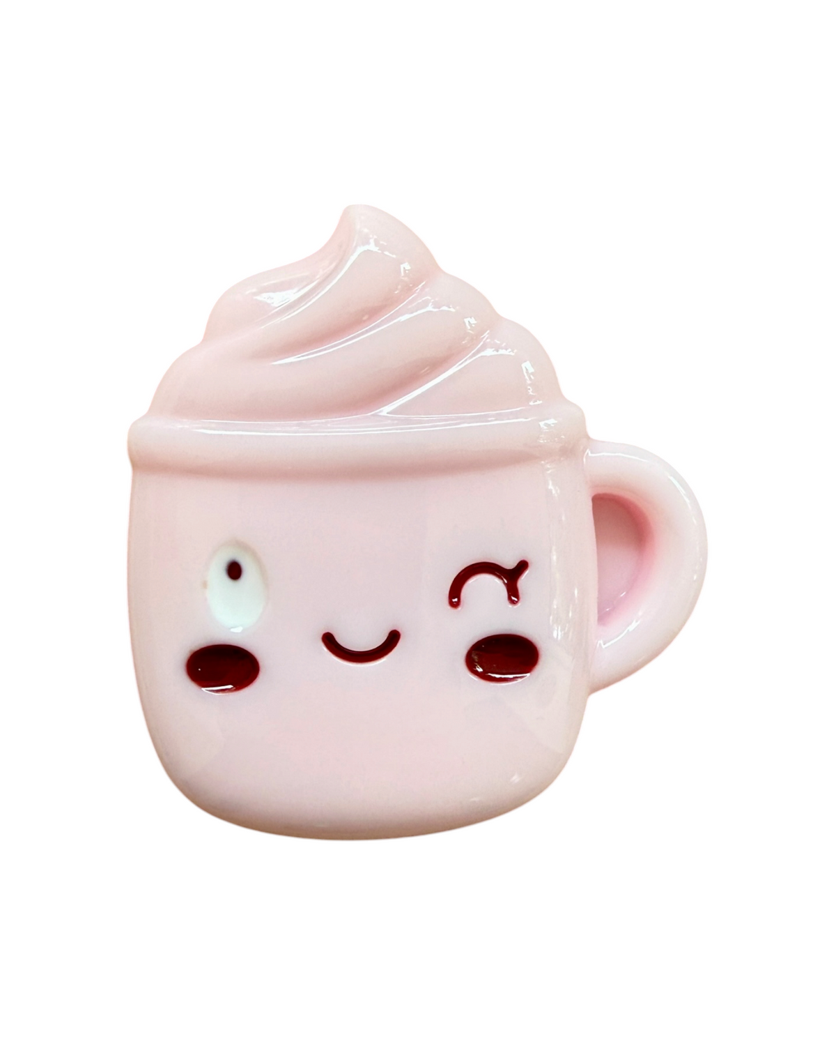 Little Coffee Lolie’z, Cutie en forme de tasse de café rose surmontée de chantilly, avec visage kawaii, entièrement fabriqué à la main en résine époxy.