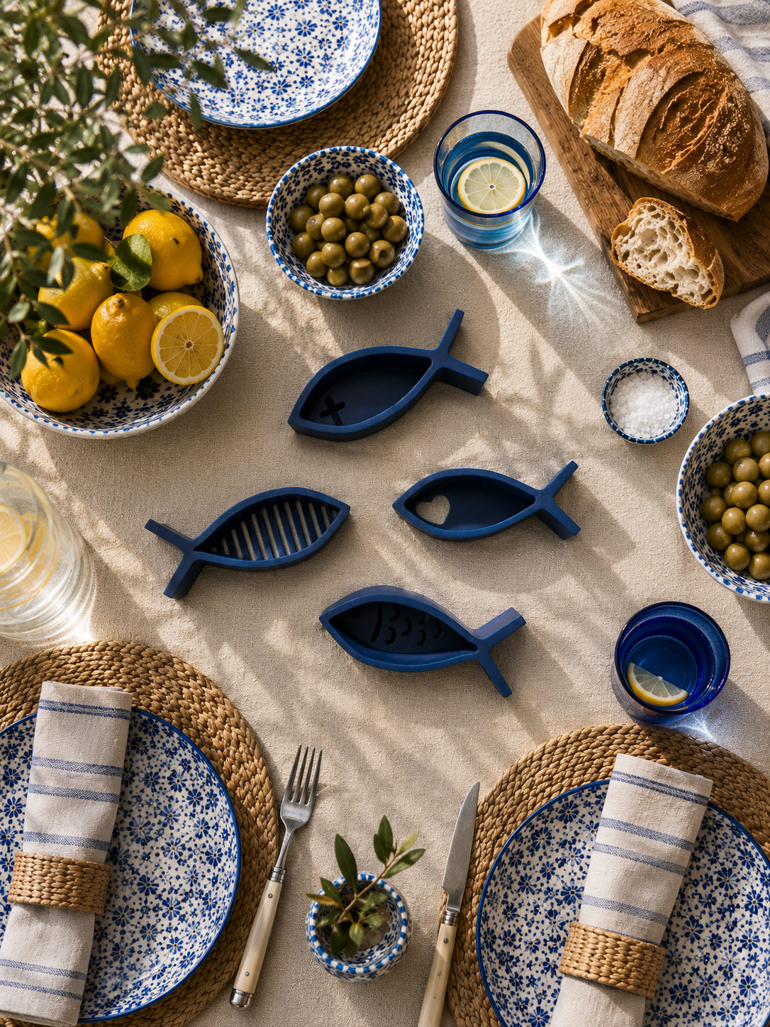 Poissons déco minimalistes Fish Club utilisés comme centre de table dans une ambiance méditerranéenne moderne.