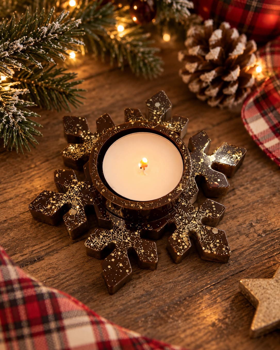 Bougeoir de Noël Floky en forme de flocon scintillant, posé sur une table en bois avec une bougie LED allumée, entouré de branches de sapin illuminées et d'une décoration festive au charme rétro.