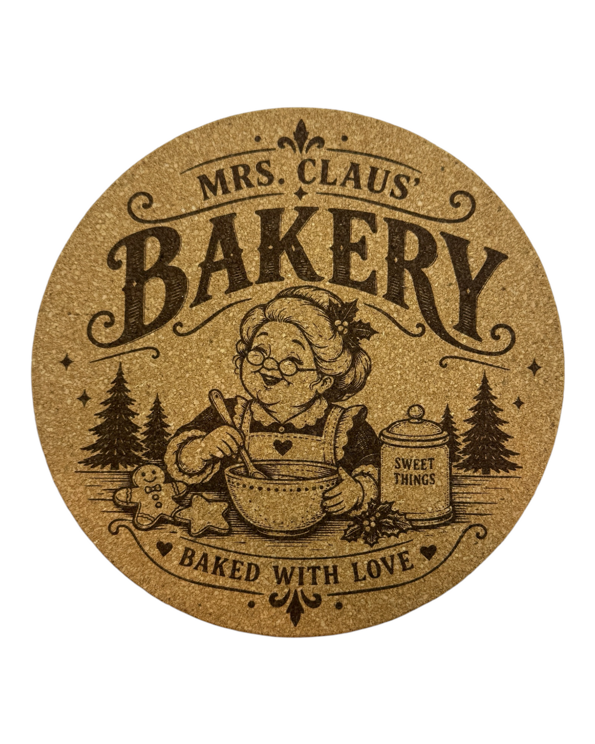 Dessous de plat en liège gravé Mrs Claus Bakery Baked with Love avec illustration vintage de la Mère Noël en pâtisserie.