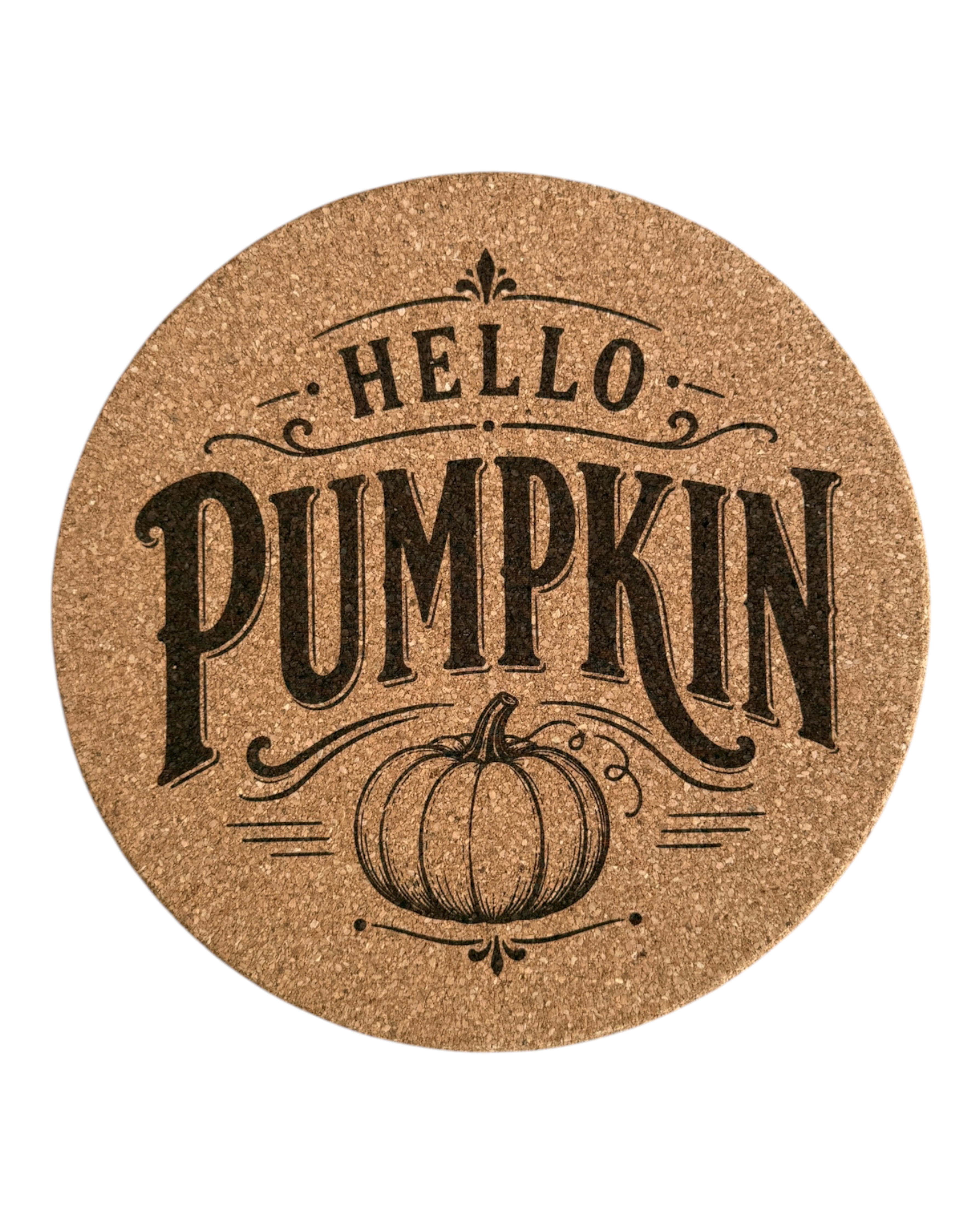 Dessous de plat en liège Hello Pumpkin gravé au laser, présenté dans une décoration de table automnale – création Lolie’z.