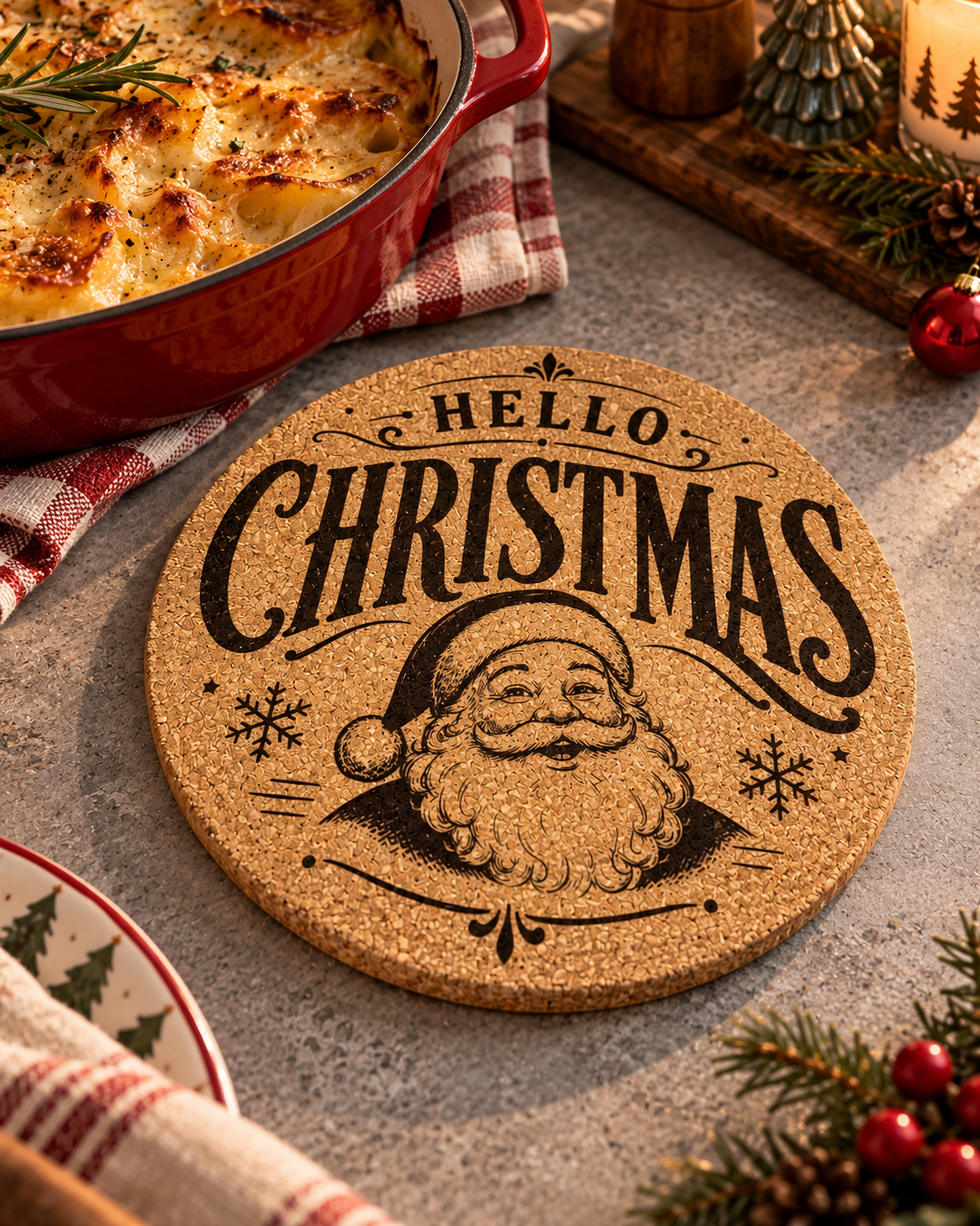 Dessous de plat de Noël en liège gravé Hello Christmas avec Père Noël rétro, présenté sur une table de fêtes avec un plat chaud