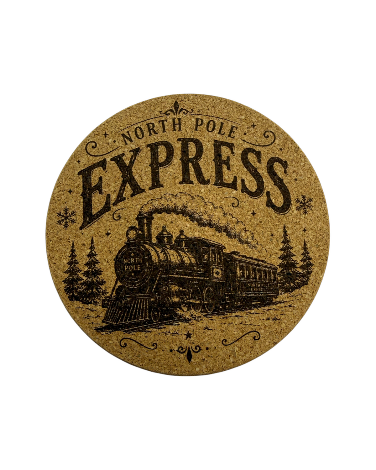 Dessous de verre en liège North Pole Express avec train de Noël illustré dans un style vintage