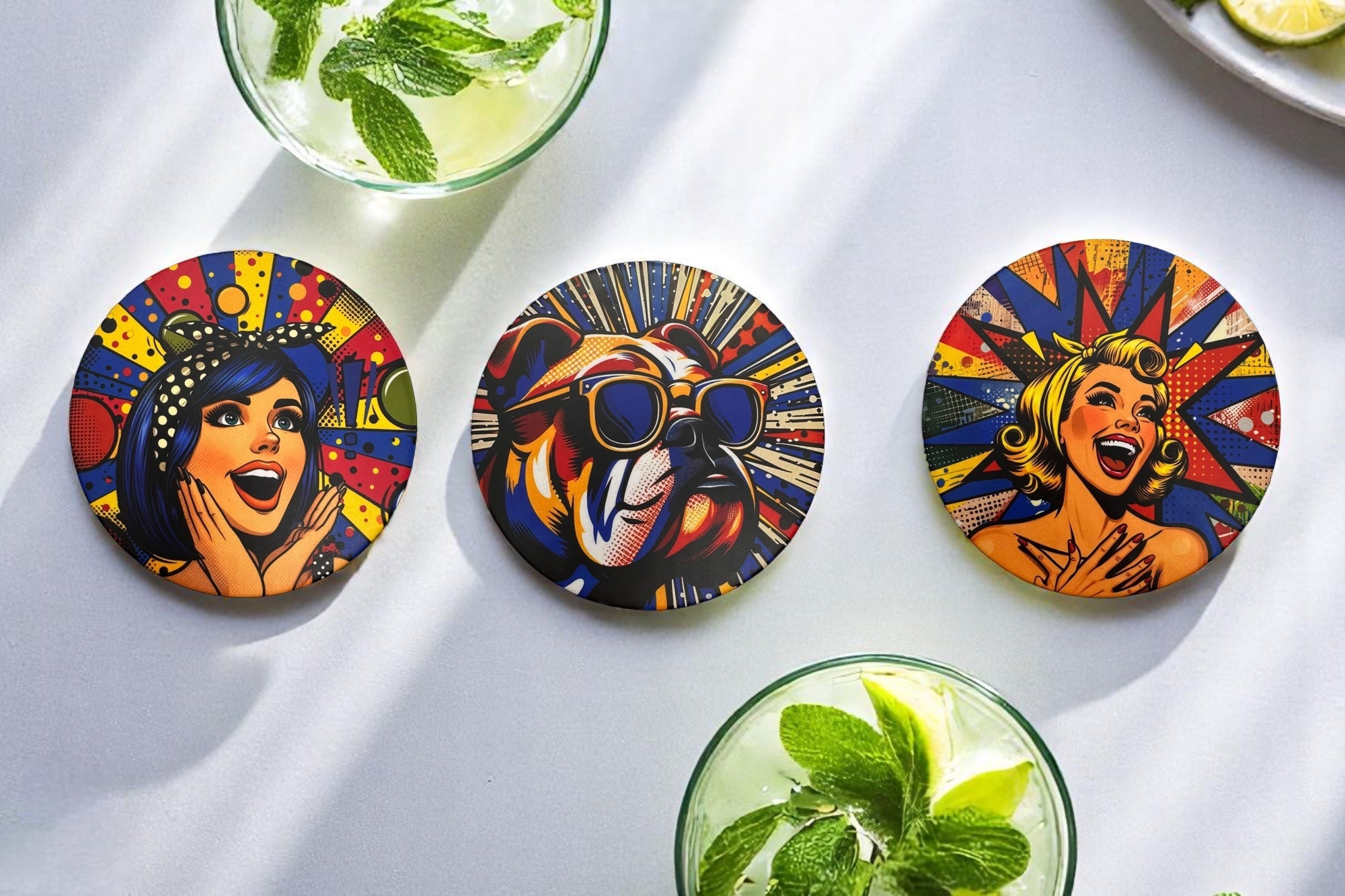 Dessous de verre en grès sublimé avec personnages BD colorés – chiens rigolos, femmes de caractère, design original et pop by Lolie’z.