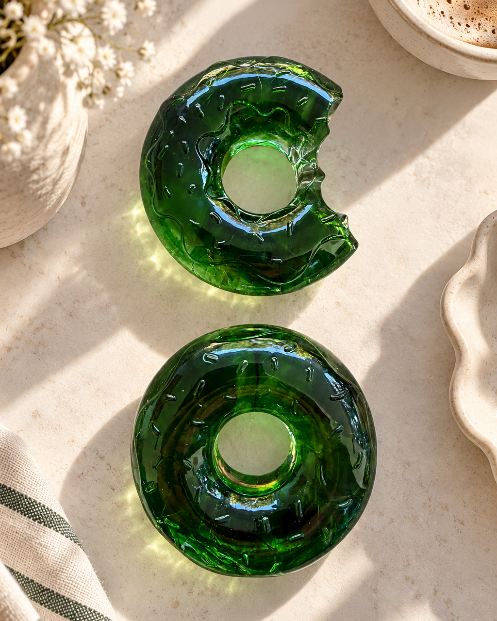 Deux donuts décoratifs en résine époxy vert émeraude translucide, dont un croqué, posés sur une table en pierre beige et photographiés de dessus, près d'un café, de petites fleurs blanches et d'une serviette en lin rayée.