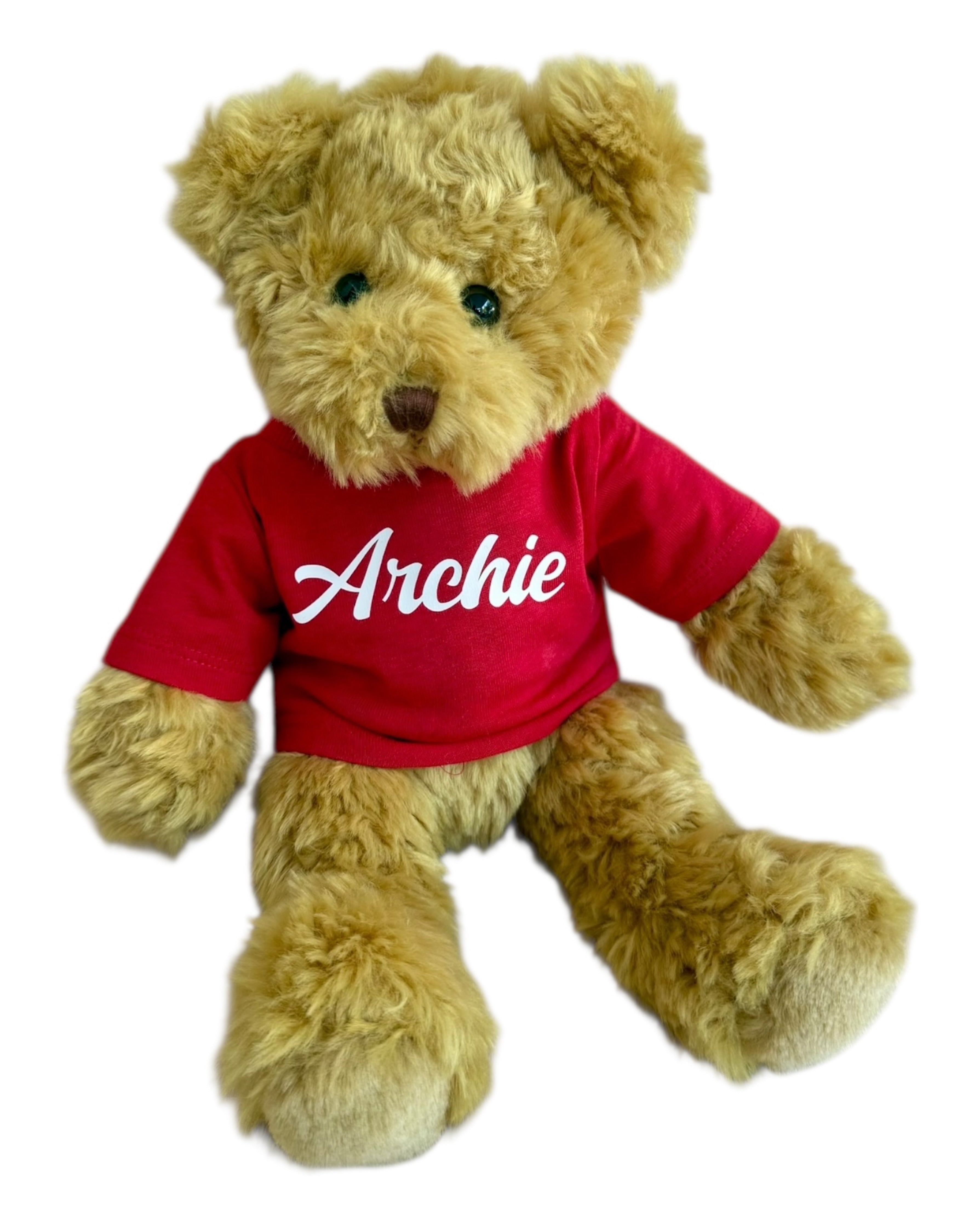 Doudou Archie personnalise avec tee shirt rouge Loliez, peluche douce et calin XXL
