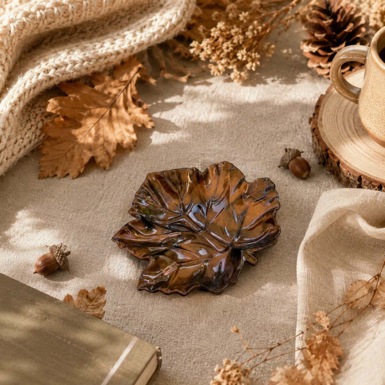 Feuille décorative en résine aux tons bruns, réalisée à la main par Lolie’z et présentée dans une ambiance automnale avec feuilles, glands et matières naturelles.