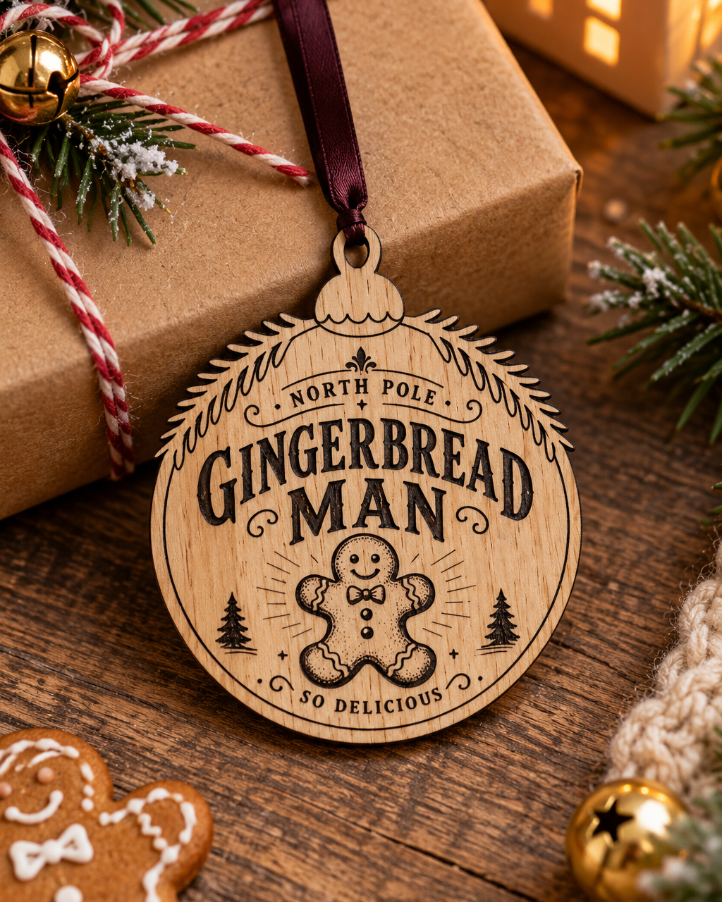 Suspension de Noël Gingerbread Man en bois gravé présentée dans une décoration de Noël avec paquet cadeau et pain d’épices