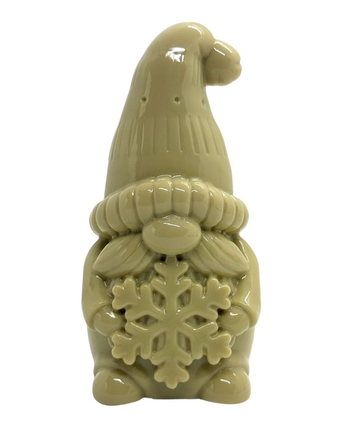 Willow beige, décoration de Noël en résine époxy fabriquée à la main en France, tenant un grand flocon de neige.