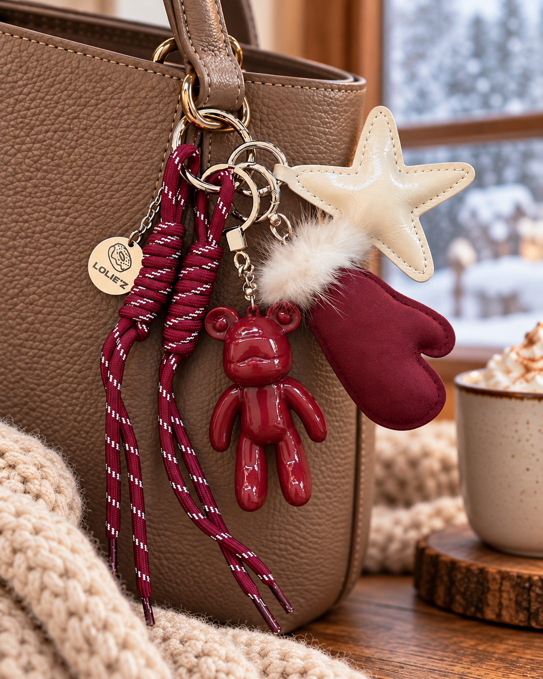 Grigri de sac Miss Burgundy signé Lolie’z avec ours en résine époxy bordeaux glossy, étoile écrue, petite moufle et cordons assortis.