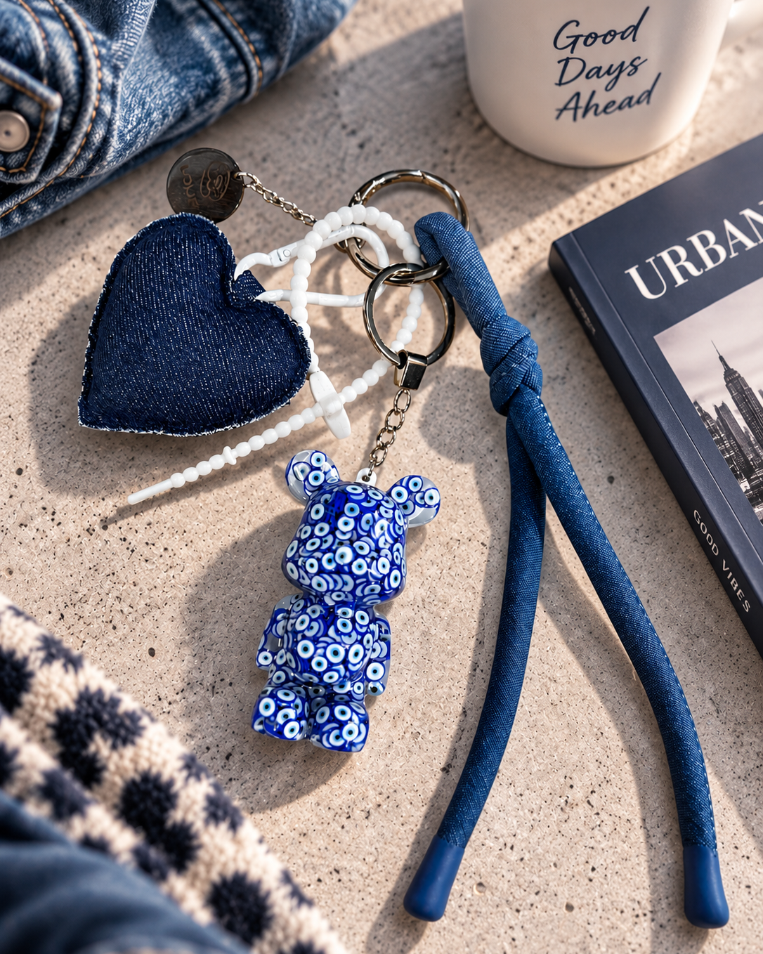 Grigri de sac Blue Karma avec Teddy aux motifs œil protecteur, cœur en jean, perles et lien noué façon denim