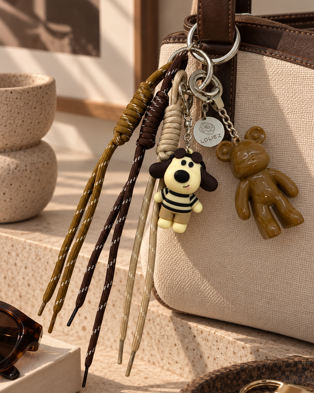 Grigri de sac Lolie’z aux tons camel, marron et beige avec Teddy’z en résine époxy, breloque chien et cordons assortis, assemblé à la main en France.