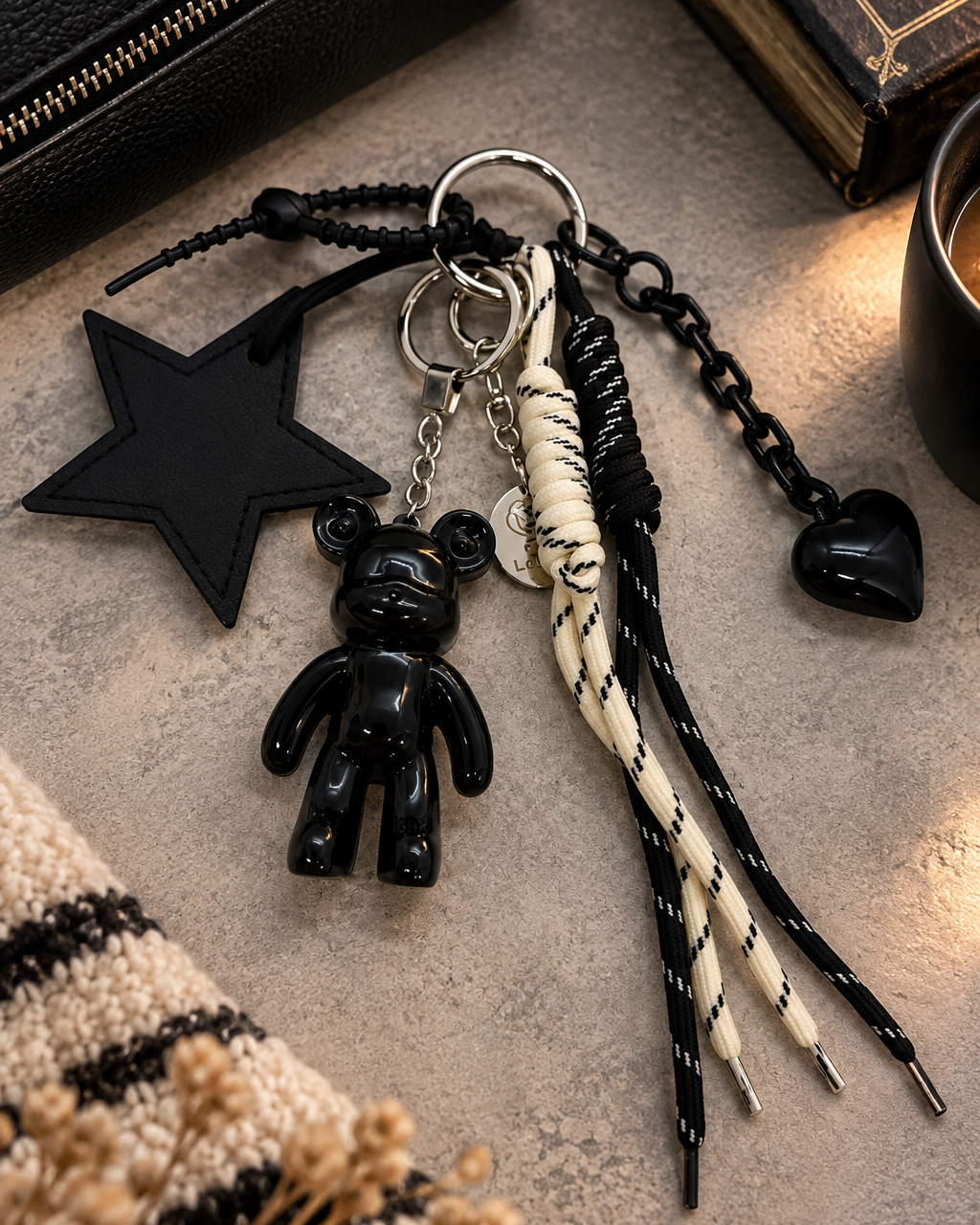 Grigri de sac Urban Ted Bonne Détente noir glossy avec étoile XXL et cœur noir, fait main Lolie'z