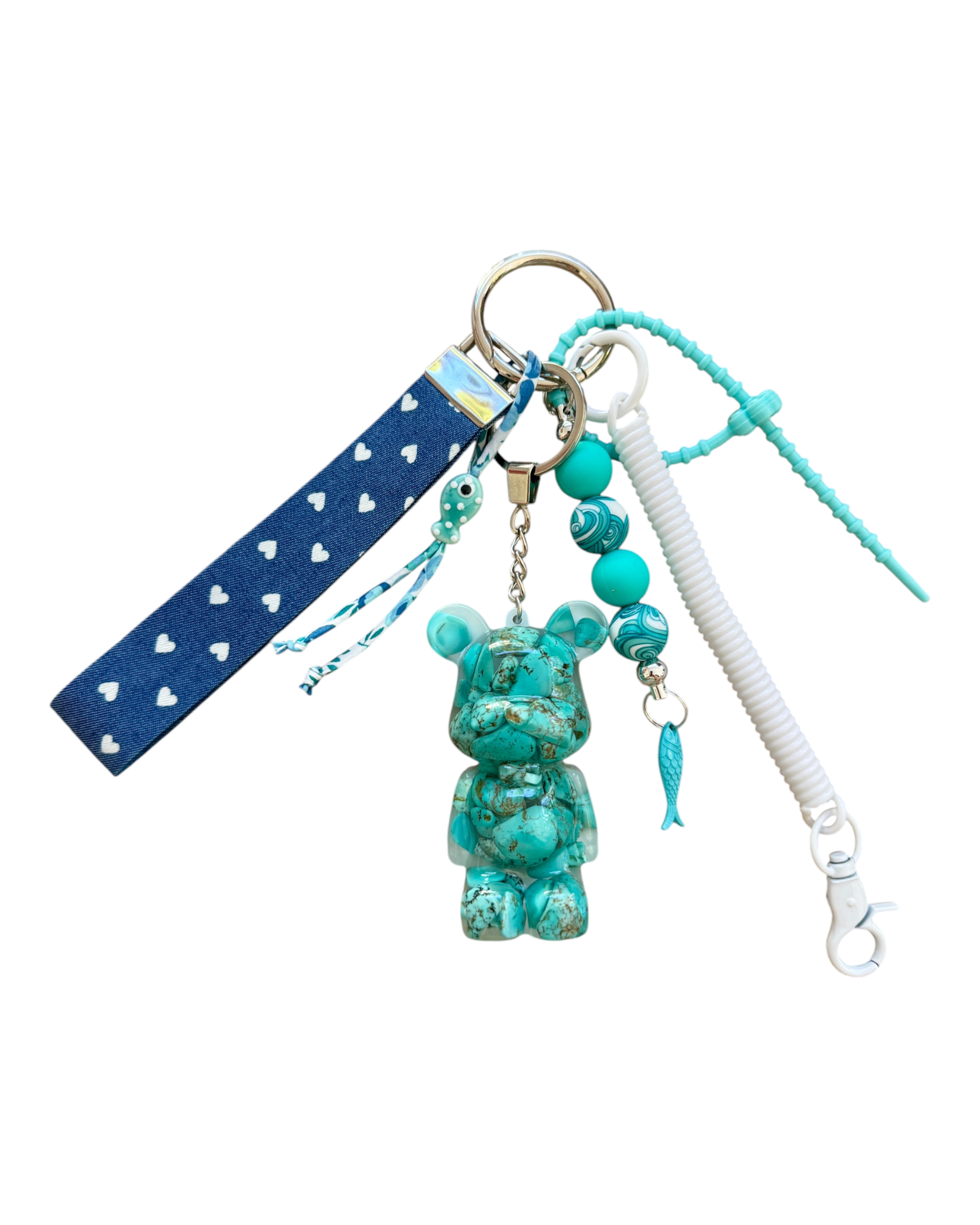 Grigri turquoise avec Teddy'z bleu en résine époxy, accessoires assortis bleu turquoise et blanc