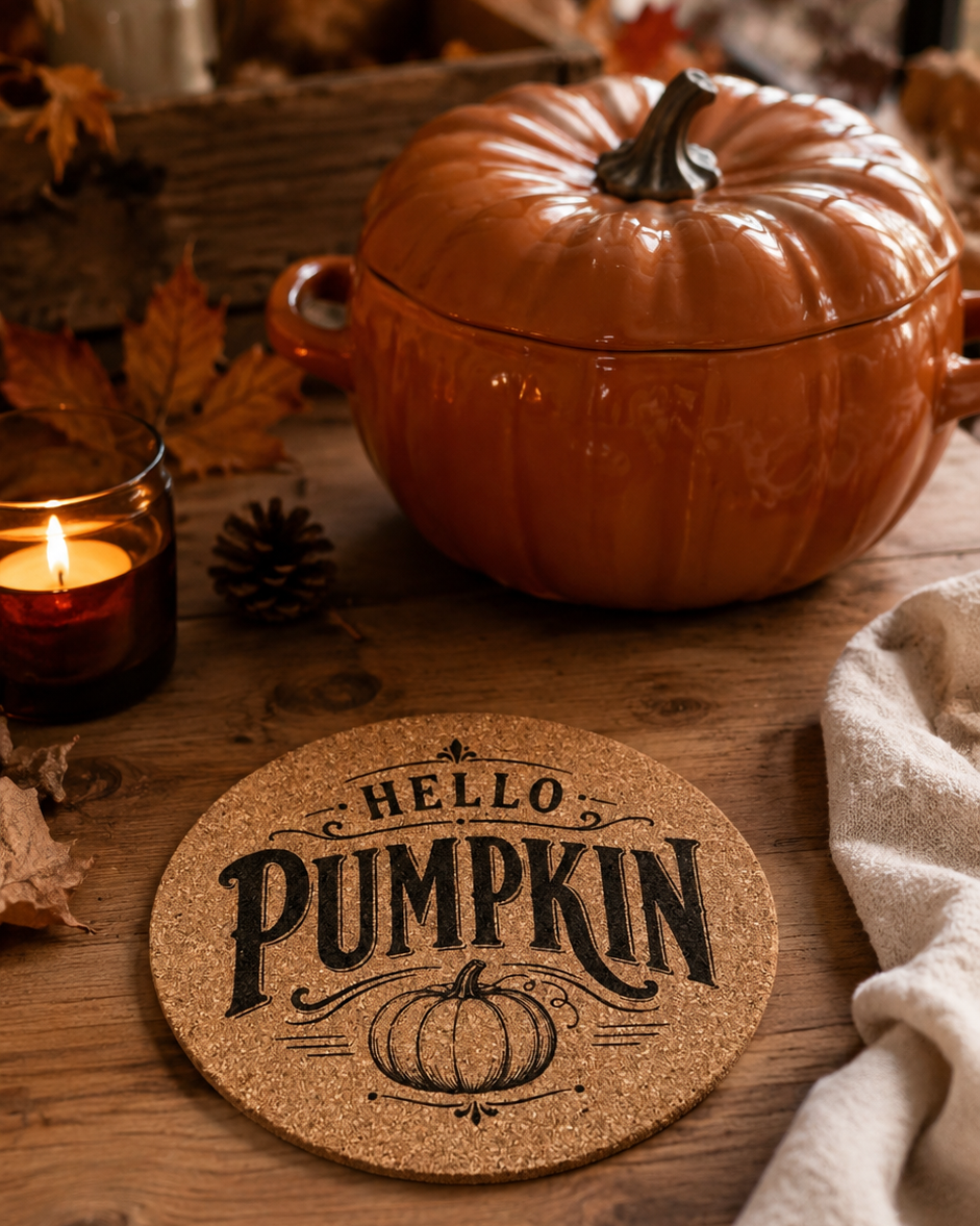 Dessous de plat Hello Pumpkin en liège gravé au laser avec motif citrouille vintage, réalisé à l’atelier Lolie’z.