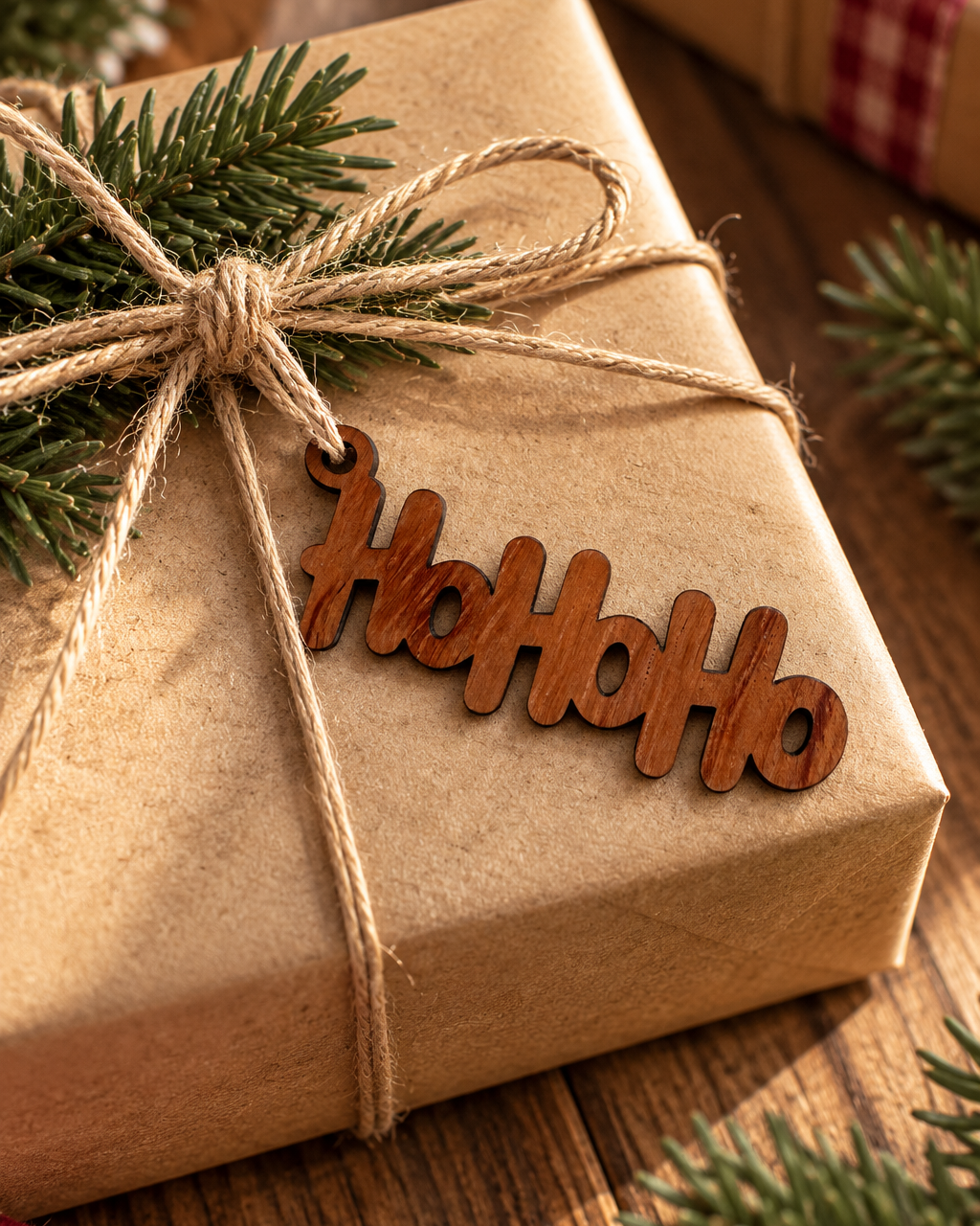 Décoration Ho Ho Ho en bois de padouk, attachée à un paquet cadeau de Noël emballé dans du papier kraft avec de la ficelle naturelle.
