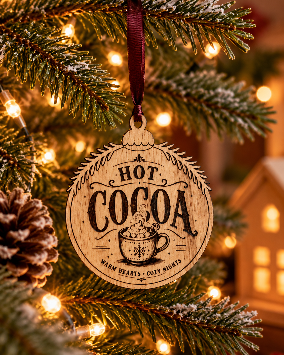 Suspension de Noël Hot Cocoa en bois gravé accrochée au sapin avec illustration d’une tasse de chocolat chaud.