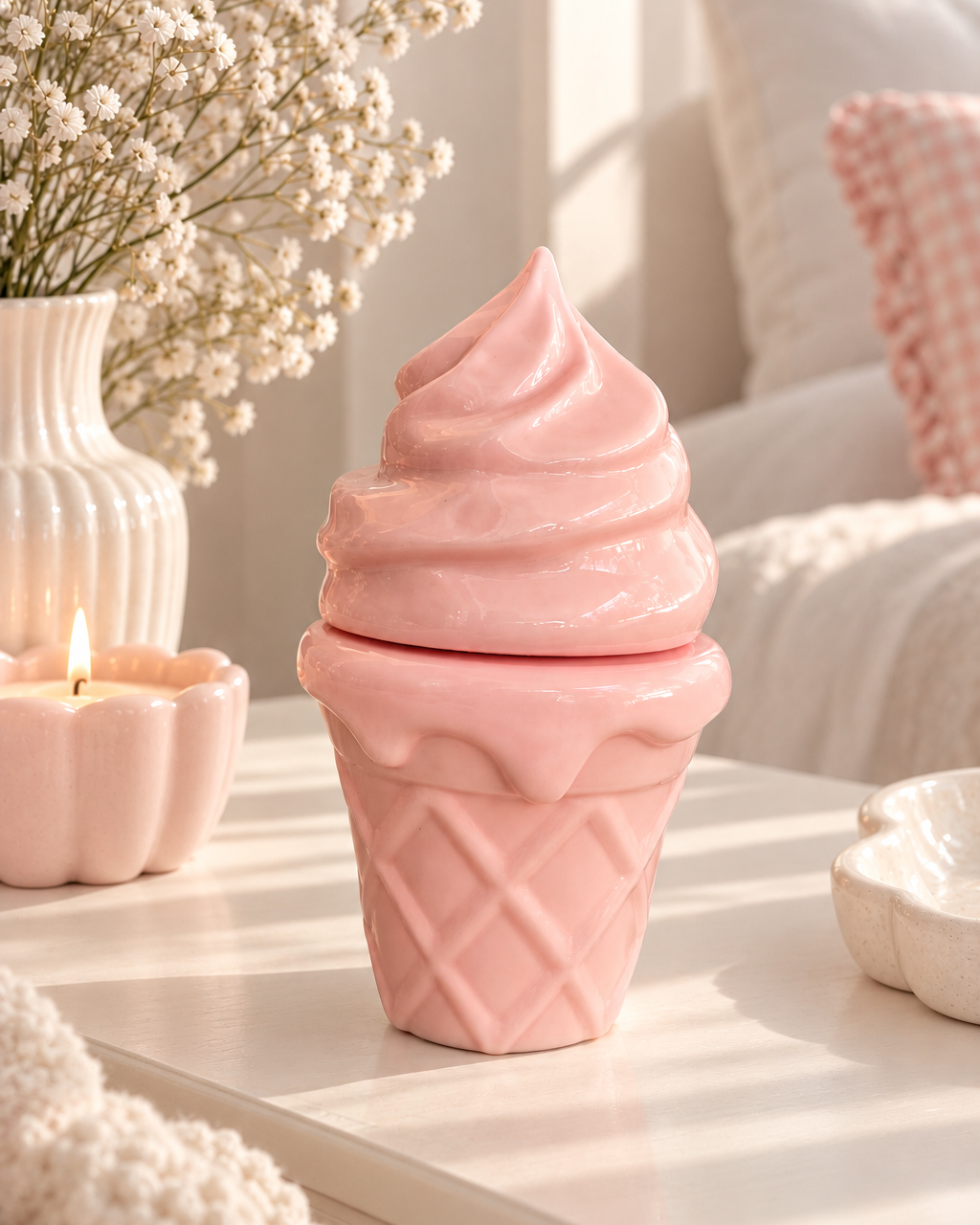 Boîte à allumettes Ice Cream on Fire en résine époxy rose pastel brillant, en forme de glace italienne avec cornet gaufré, posée sur une surface en pierre claire près d’une bougie rose, de bijoux dorés et de fleurs séchées.