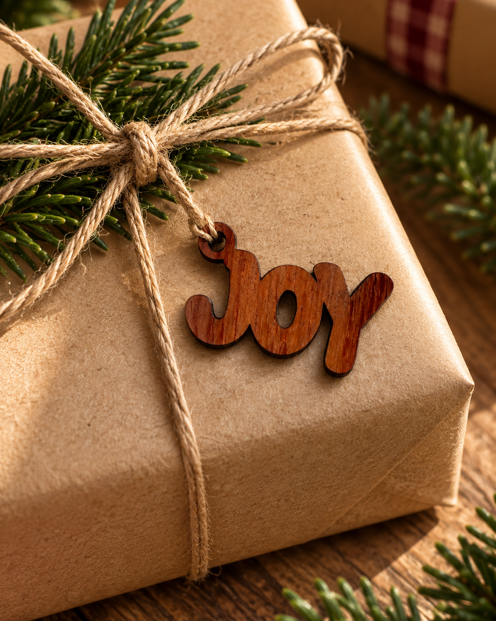 Décoration Joy en bois de padouk, petit mot festif découpé artisanalement pour personnaliser un emballage cadeau de Noël.