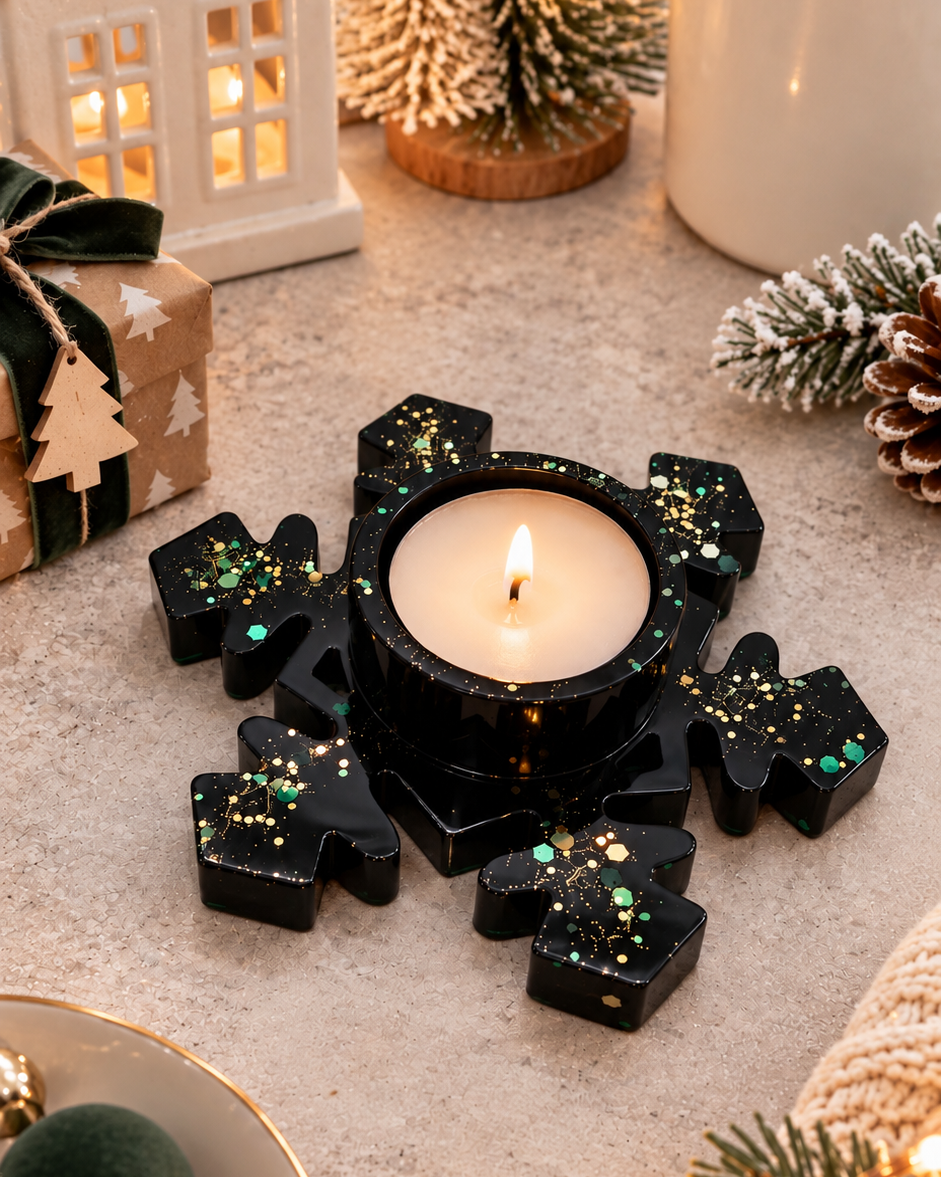 Bougeoir Let It Snow en forme de flocon, réalisé à la main en résine époxy et présenté dans une ambiance de Noël.
