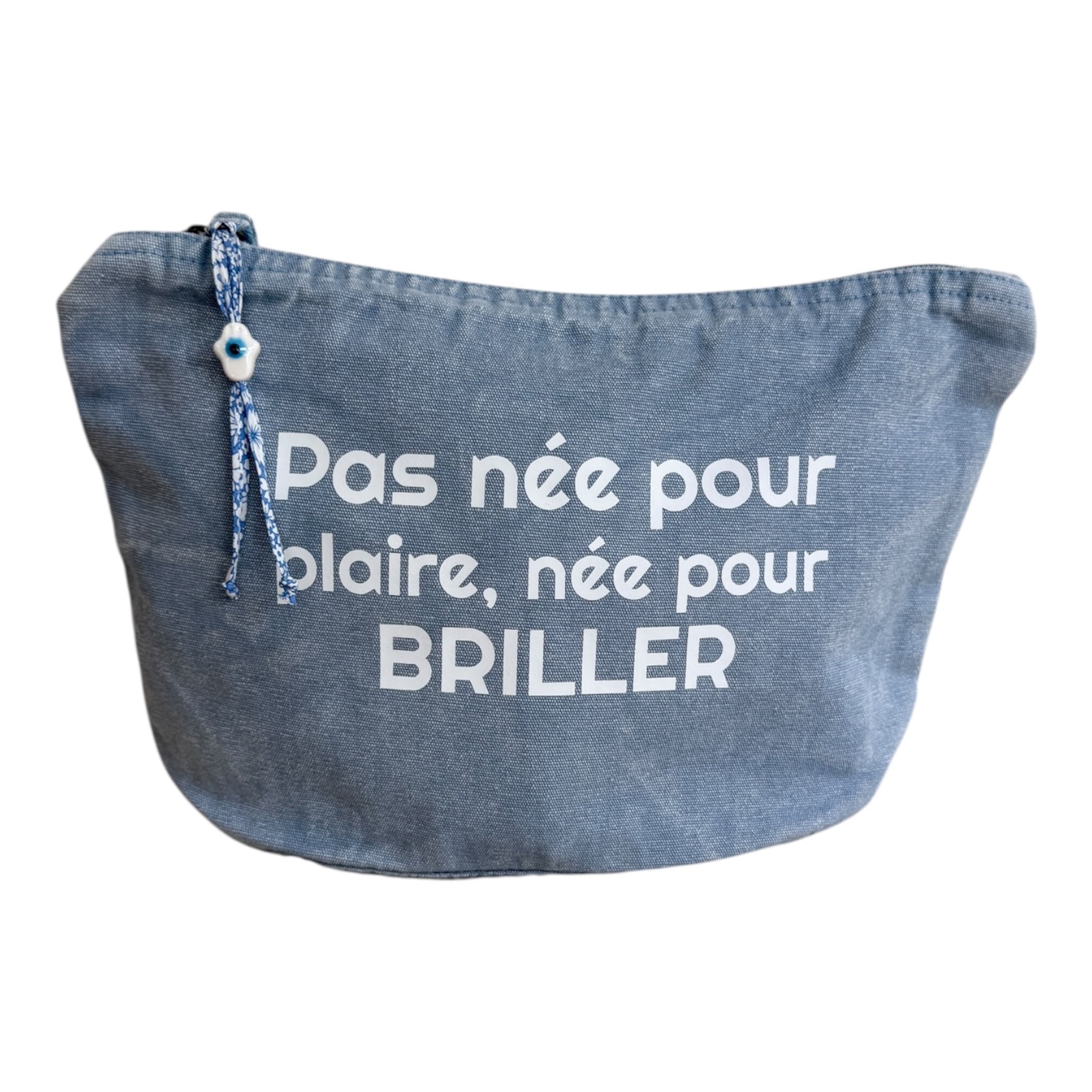 Pochette Poppy en denim avec inscription Pas née pour plaire née pour briller.