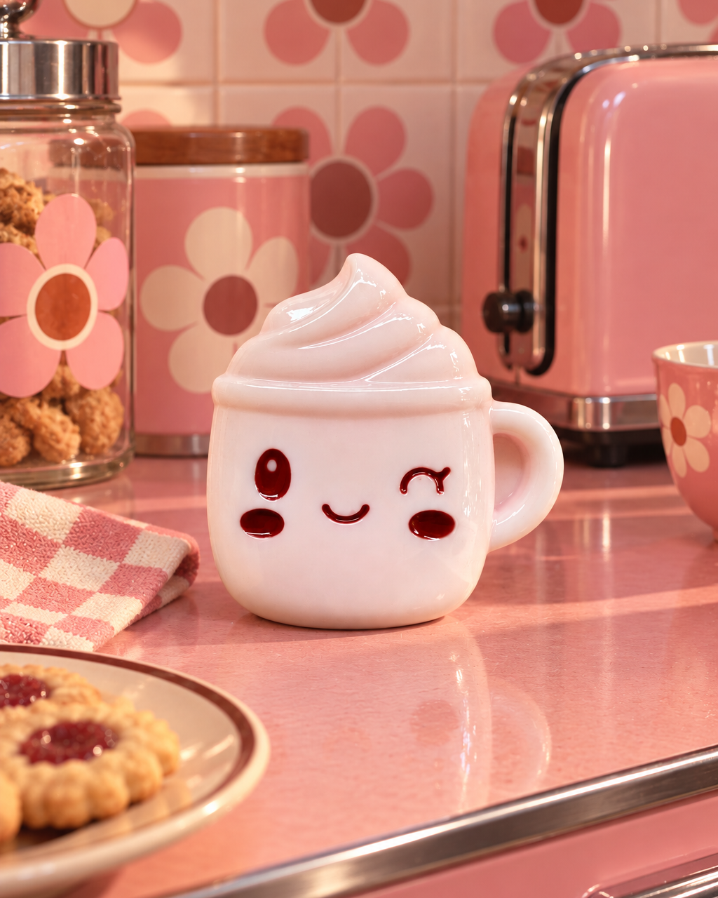 Little Coffee de la Cuties Bakery Lolie’z, petit café rose avec chantilly et visage kawaii, fabriqué à la main en résine époxy, présenté dans une cuisine rétro rose.