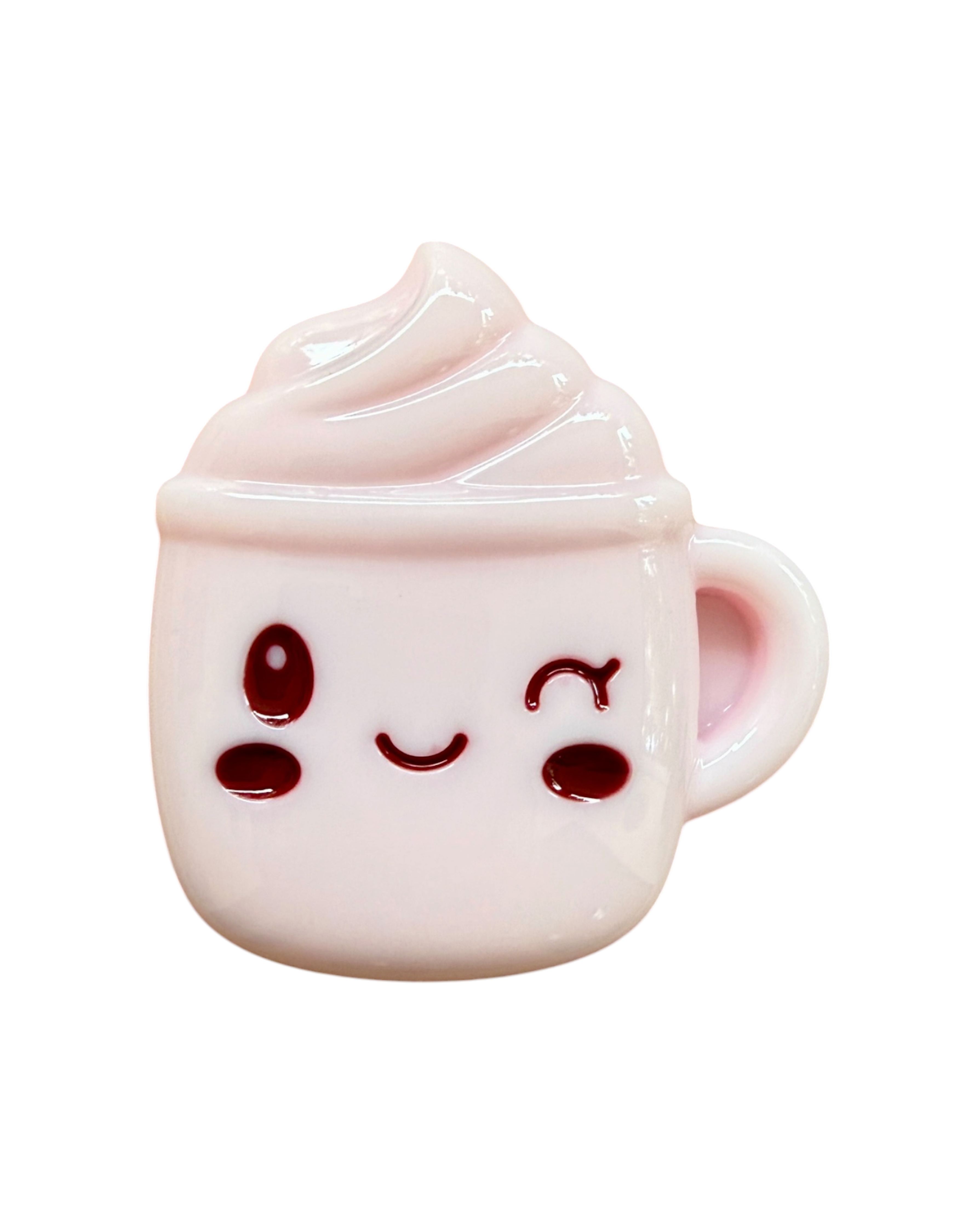 Vue produit de Little Coffee, création artisanale Lolie’z en résine époxy représentant une petite tasse de café rose avec chantilly et visage souriant.