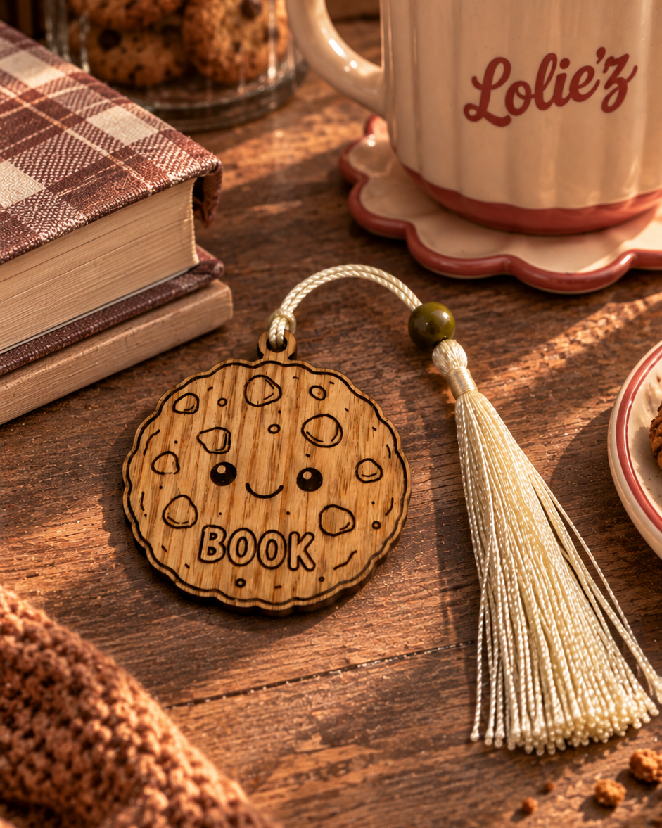 Little Cookie, marque-page en bois gravé au laser de la collection Cuties Bakery Lolie’z, présenté dans une ambiance lecture avec livre, cookies et tasse.